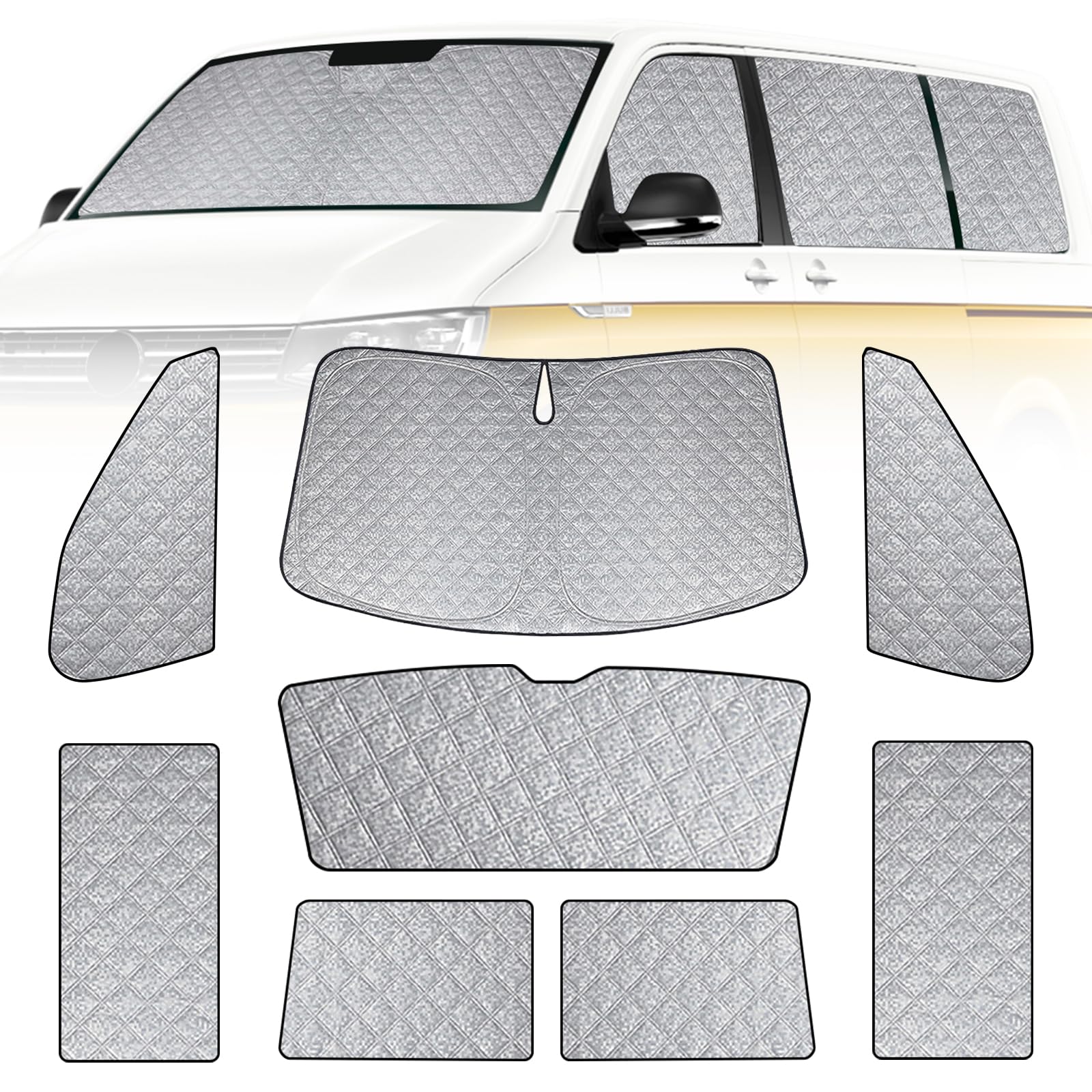 Pare-Soleil Compatible avec VW T6, Lot de 8 Pliables Protection de Pare-Brise pour Intérieur de Voiture, Bloquer 99% des Rayons UV et Garder Votre Véhicule au Frais