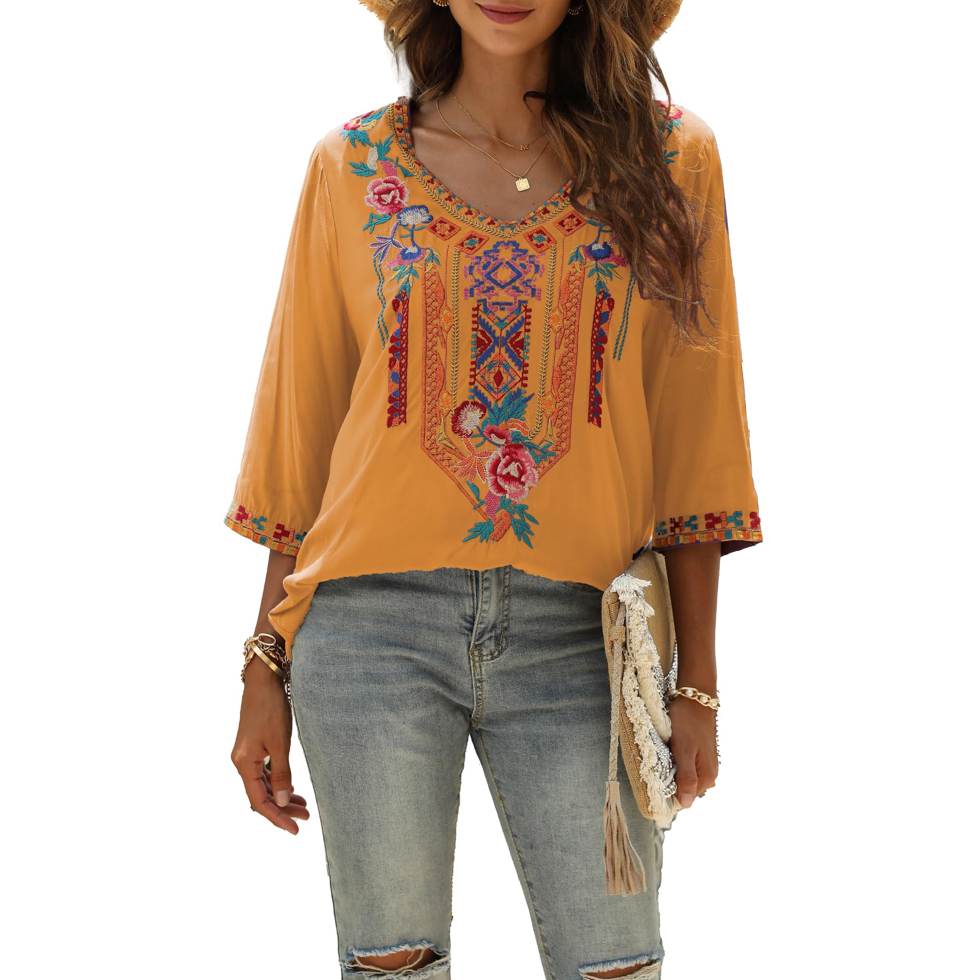 Hippie Vêtements Dames Bohème Folklore Broderie Blouse Manches 3/4 Col V Tunique D'été Haut Décontracté(328,Couleur Orange,2XL)