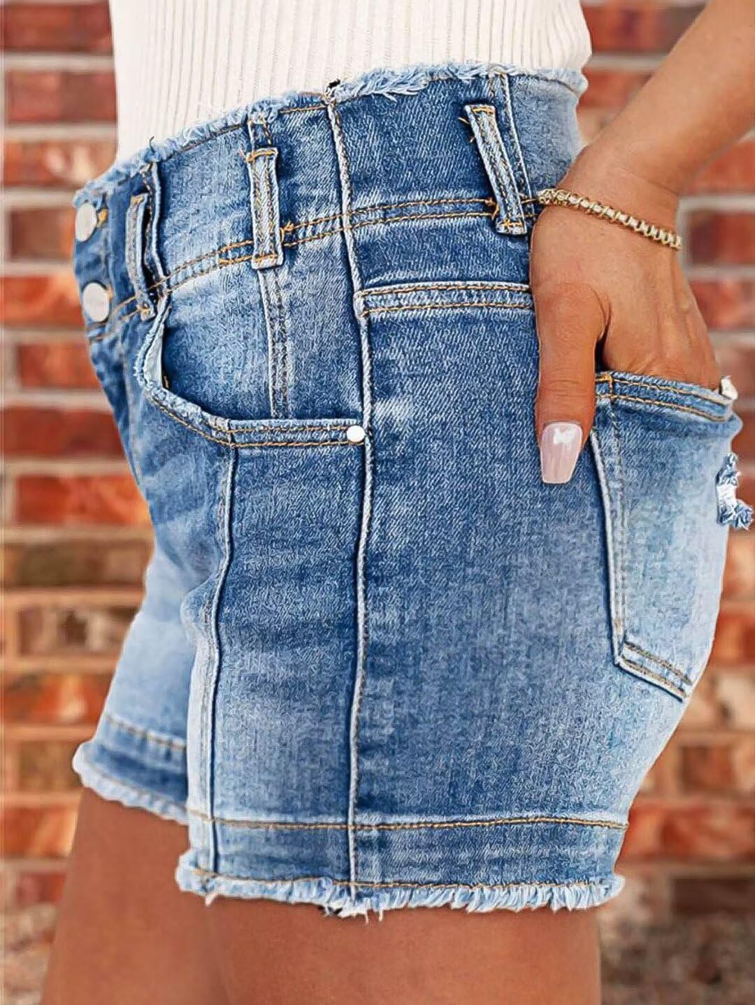 Flamingals Women's Jean Shorts Stretchy Mid Waist Straight Leg Raw Hem Tummy Control Denim Shorts - Image 6