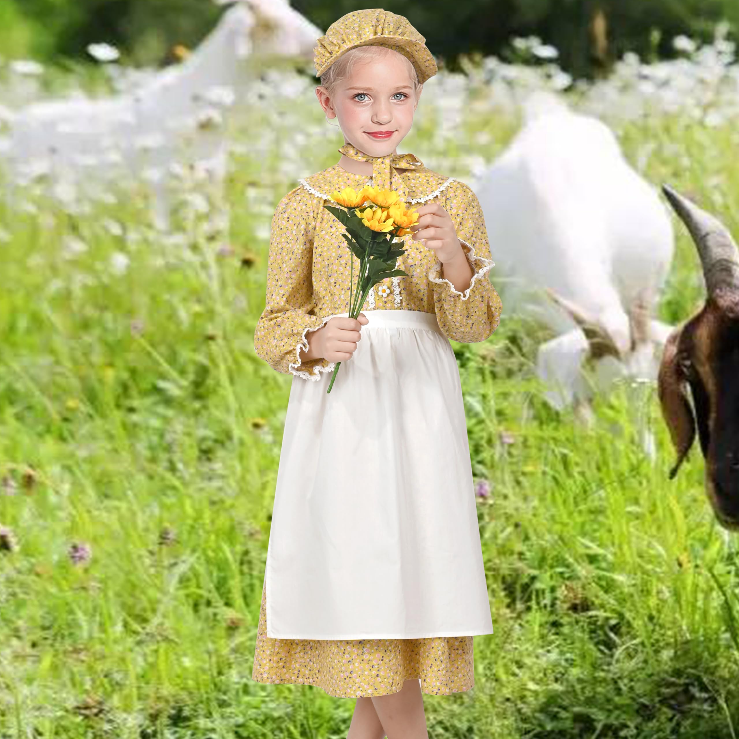Girls Dress 3 Piece Set Apron Bonnet Pioneer Costume Floral Peasant Retro Age 6 Years Yellow - Image 2