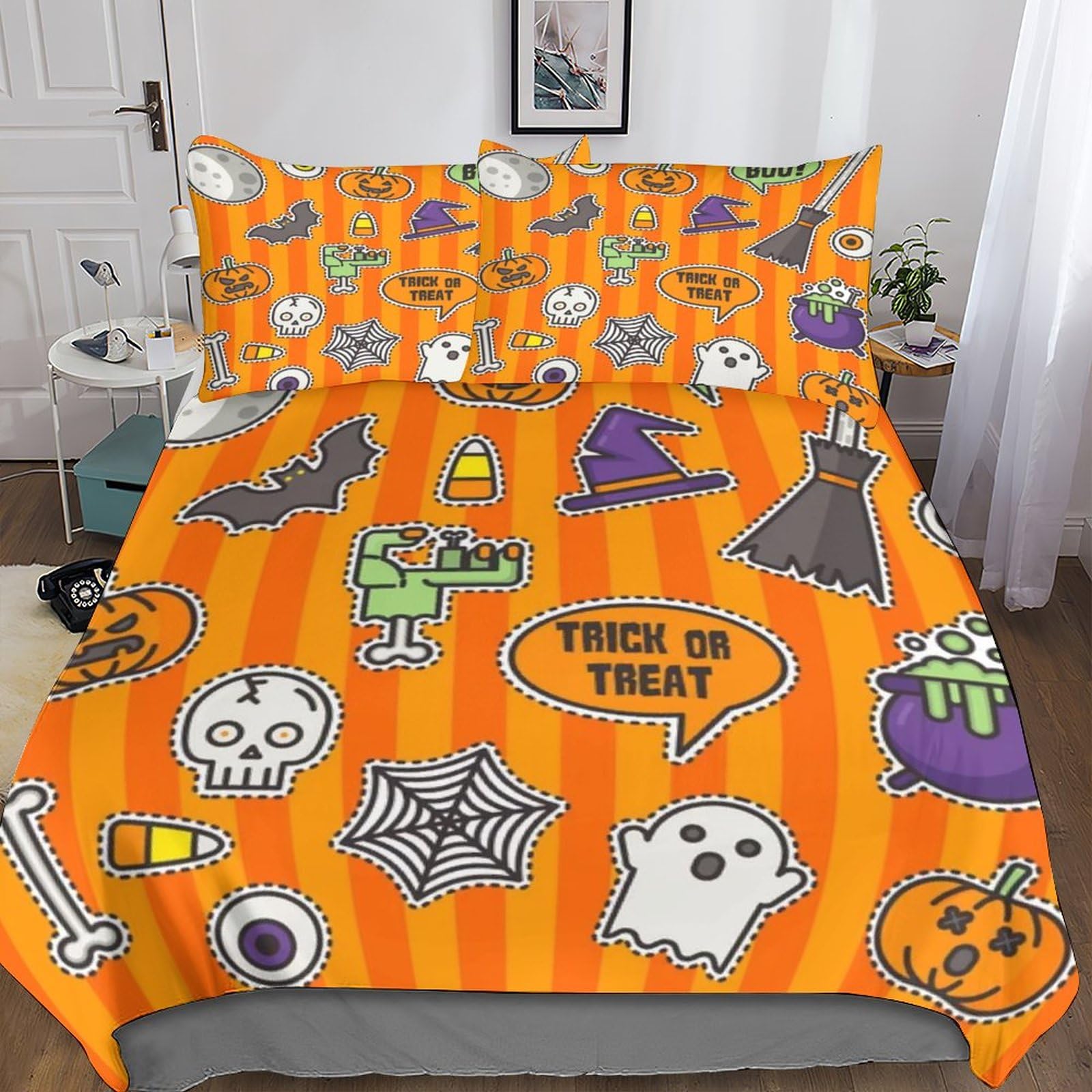 Housse de couette 200x200 Halloween, parure de lit microfibre 3 pièces avec taies d'oreiller