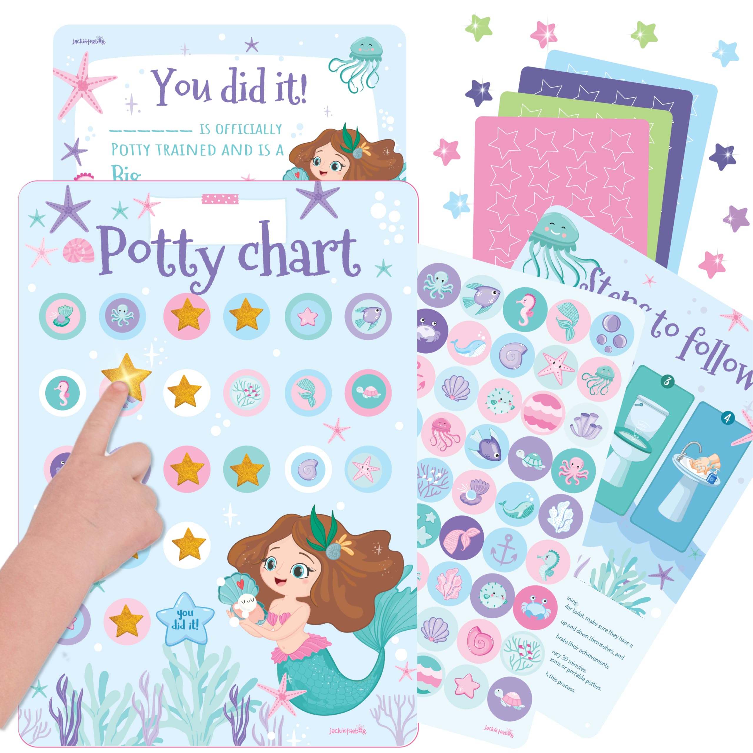 jackinthebox Mermaid Potty Training Sticker Charts for Toddler Girls, 100+ Glitter Stickers, 320+ Printed Stickers, Achievement Certificate,Potty Training Reward Chart for Kids, Kids Reward Chart