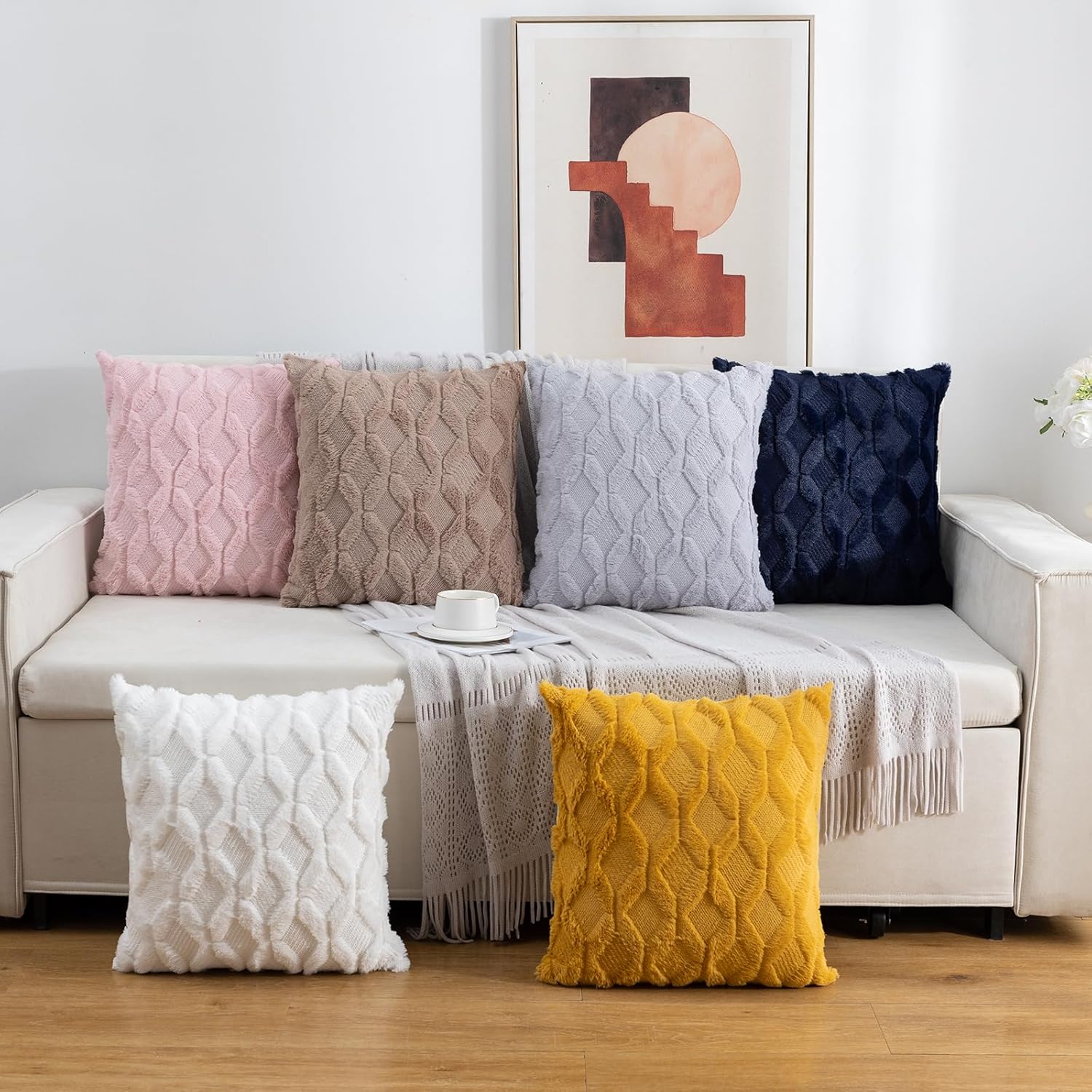 Faux Wool Throw Pillow Covers 18 x 18 Inch Set of 2 Boho Soft Plush Short Wool Pillowcase Square Cushion Case for Sofa Living Room, Light Pink