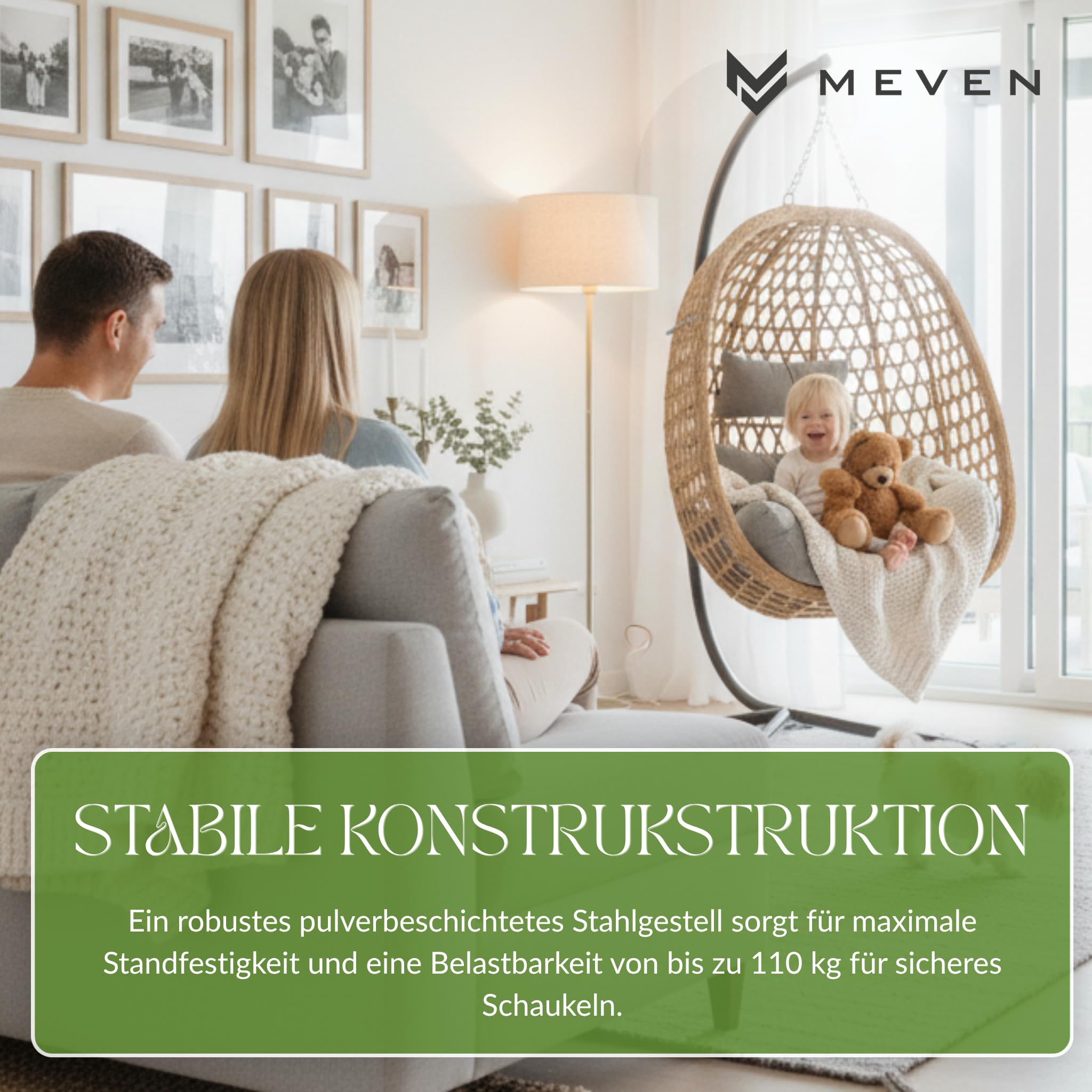 MEVEN Aura | Hängesessel mit Gestell natürlich Hängekorb Outdoor & Indoor | Schwebesessel Inklusive XXL Kissen Belastbarkeit 110kg | Luxus Korbsessel für Garten Balkon und Wohnzimmer Design Schaukel