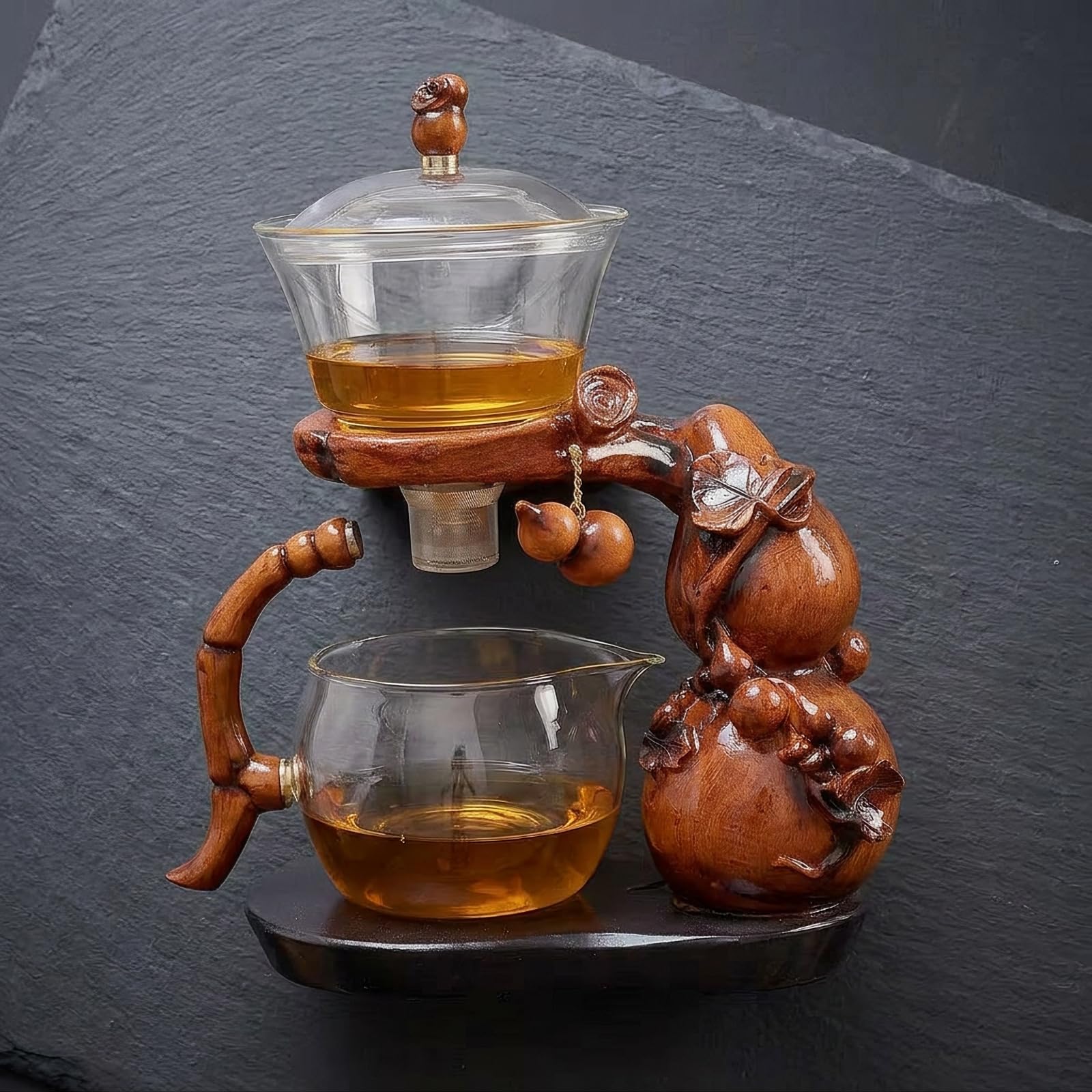 Dispositif d'Infusion Gourd Central Théière Infuseur Carafe Tasse Réceptrice en Verre Borosilicaté avec Socle Bois et Poignée Courbée Infusion Visible