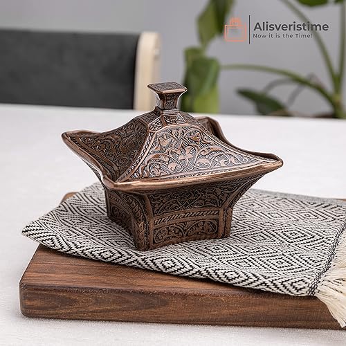 Miniatura 2 de Alisveristime Cuenco de latón recubierto hecho a mano para azúcar, chocolate, caramelo con tapa, recipiente para azúcar, plato de azúcar con tapa,