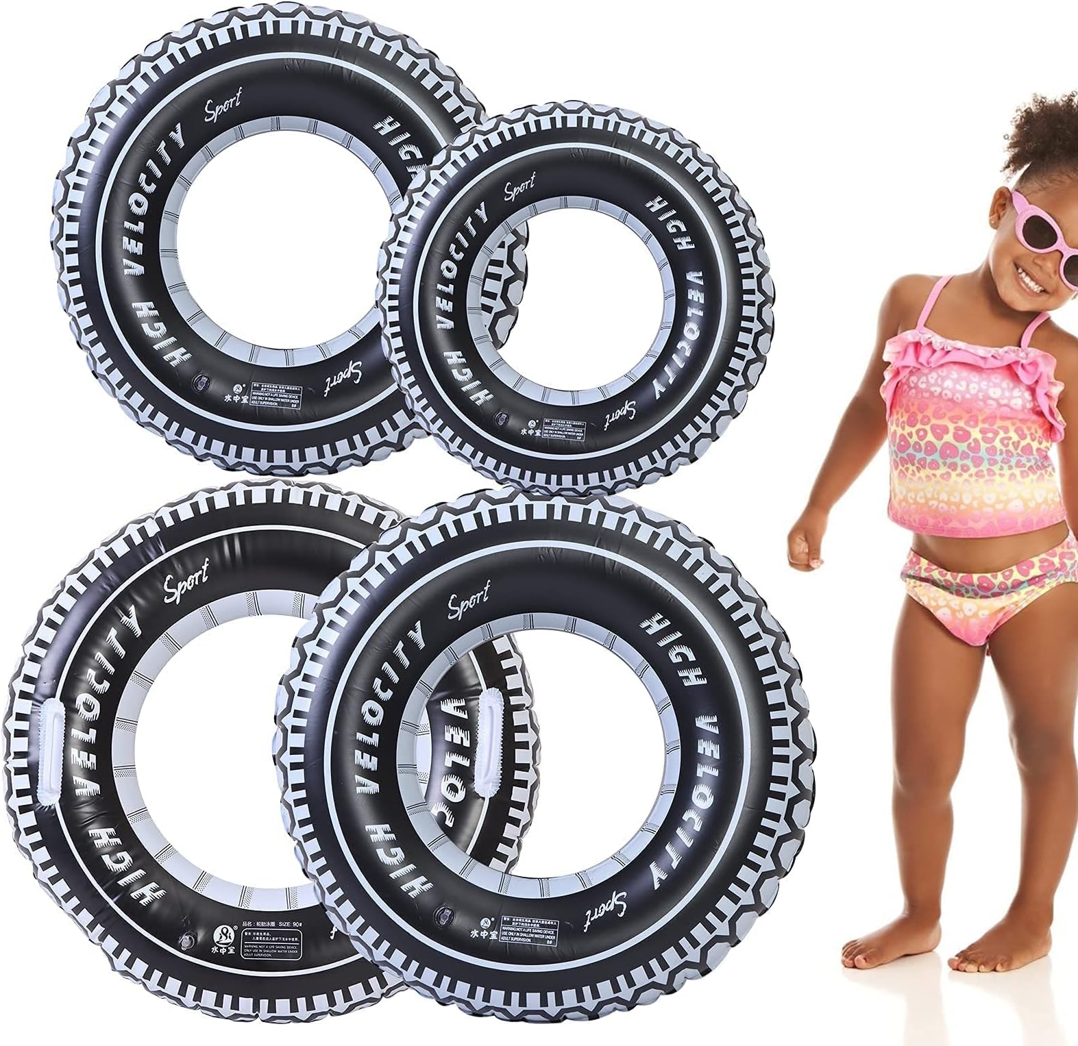 SYOSI Inflatable Pool Floats, 4 Pack Tire Tube Swim Ring, Inflatable Swim Ring with Handles, Pool Swimming Ring Pool Toys for Kids Adults Swimming Pool Beach Party Decoration (3 Sizes)
