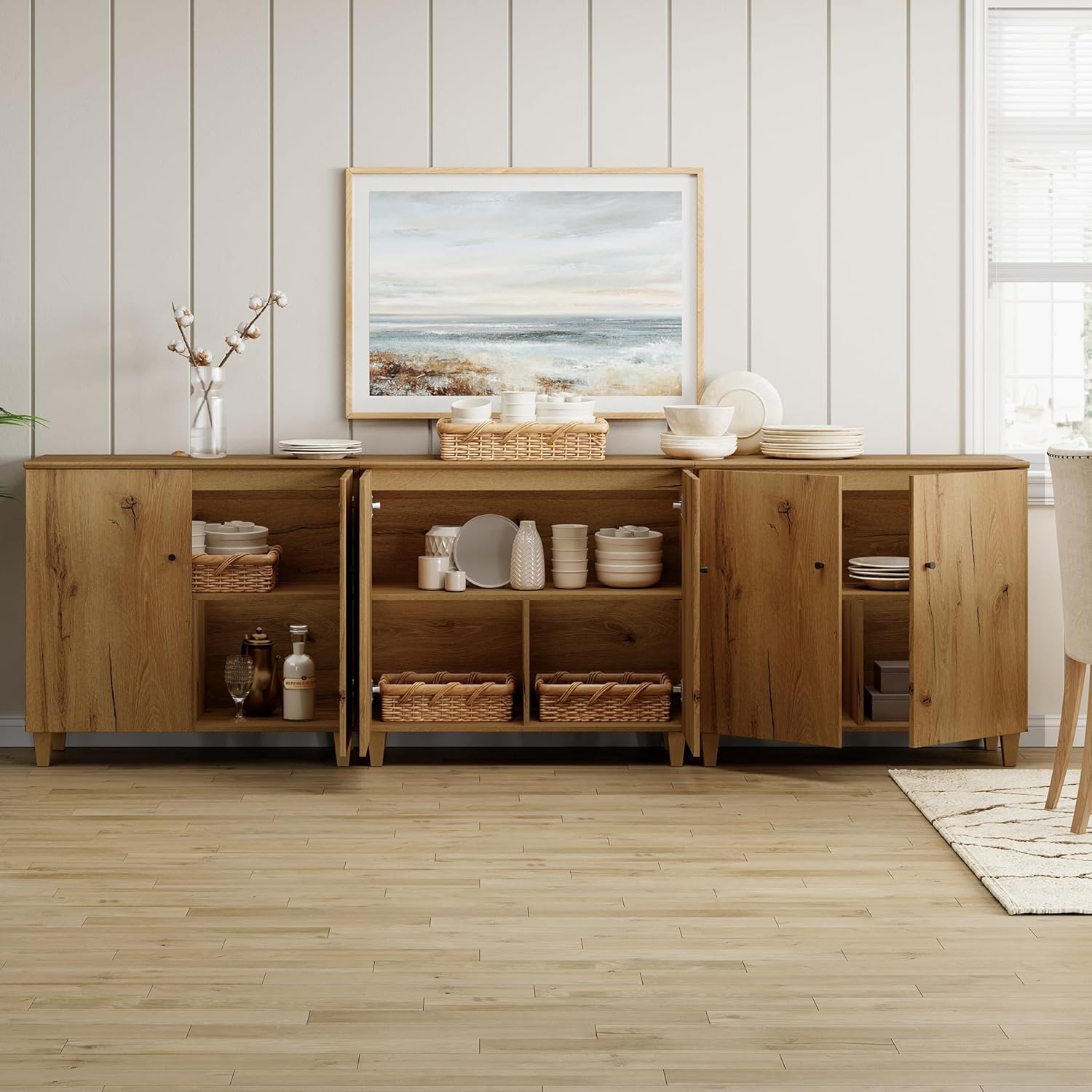 Wampat Sideboards Buffet Cabinet, 106" Wide Wooden Credenza with 6 Doors, 3-in-1 Modern Kitchen Coffee Bar Cabinet with 9 Compartments for Living Room, Hallway, Oak Brown