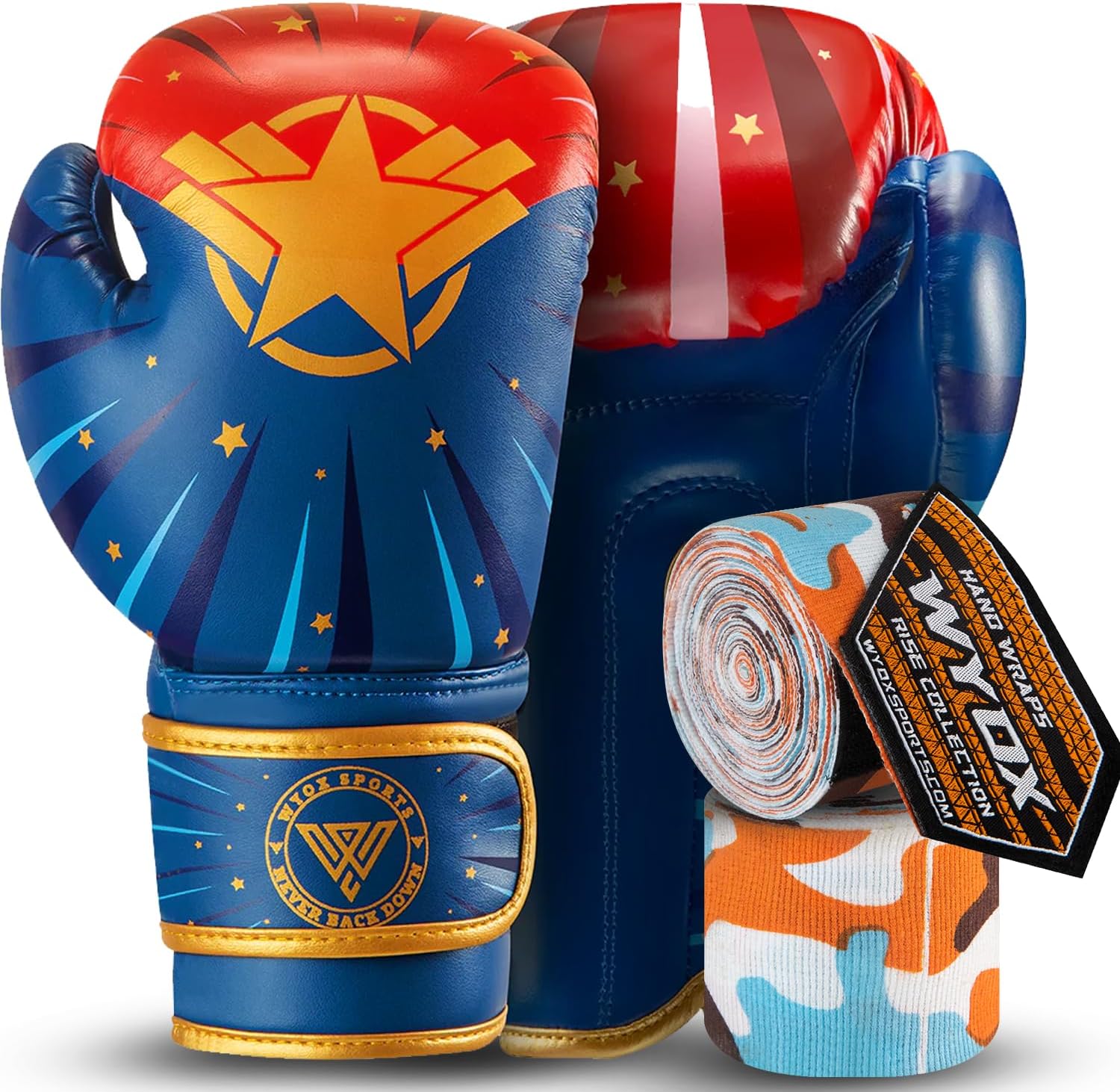 WYOX Kids Boxing Gloves & Hand Wraps Bundle – Training & Punching Gloves with Elasticated Wrist Wraps, Knuckle Protection for Boys & Girls, MMA, Muay Thai, Kickboxing Training Gear