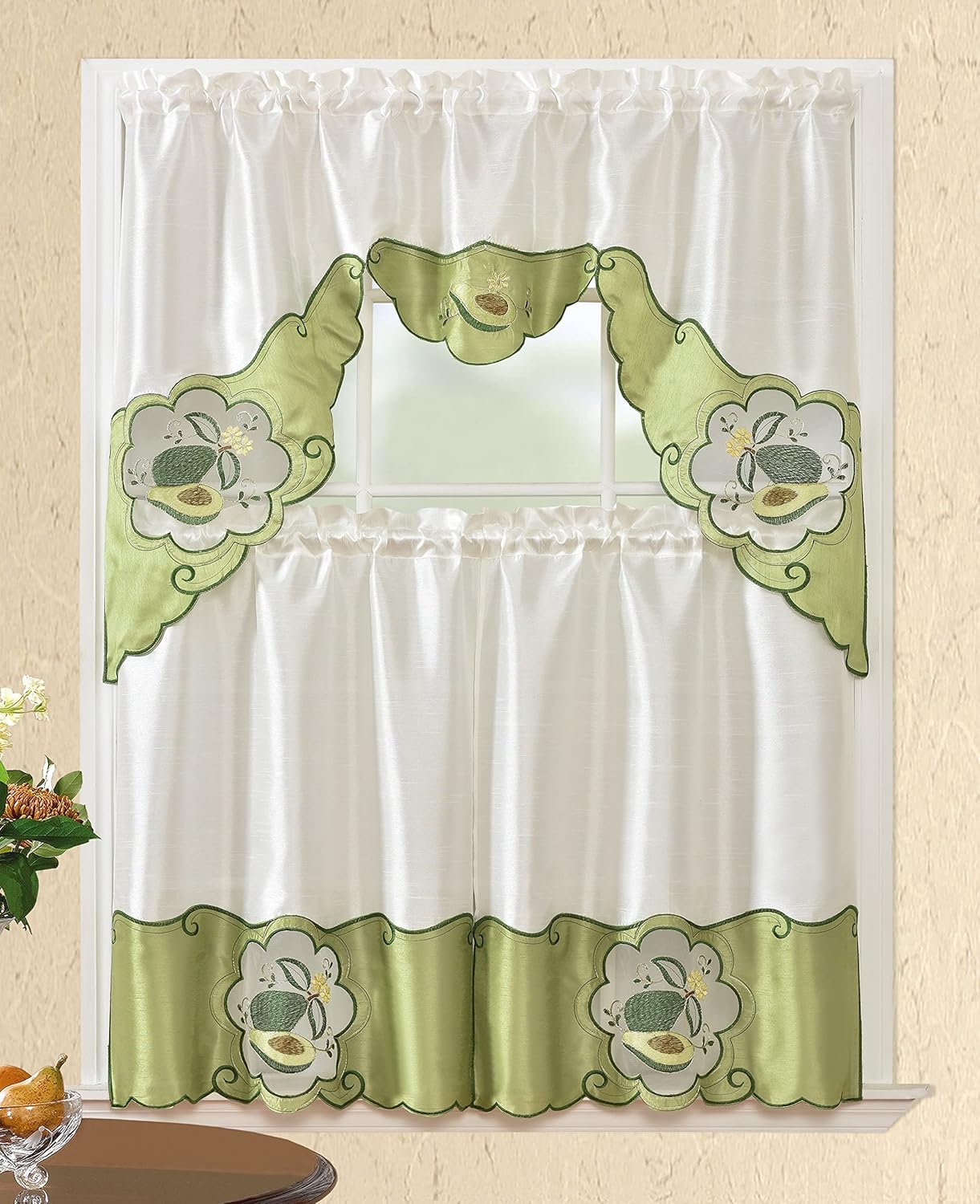 All American Collection Modern Contemporary 3pc Embroidered Home Kitchen Window Treatment Curtain Set (Swag Valance, Avocados)