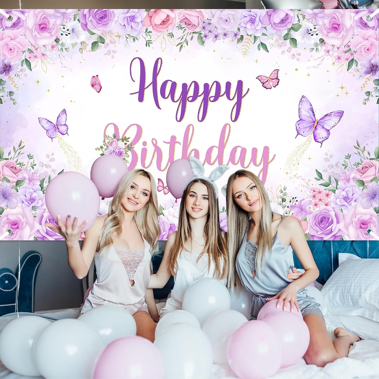 Avezano Butterfly Happy Birthday Banner Purple Butterfly Birthday Decorations Purple Pink Floral Gold Glitter Backdrop for Girls Women B-day Party Photo Booth Props (6x3.6ft)