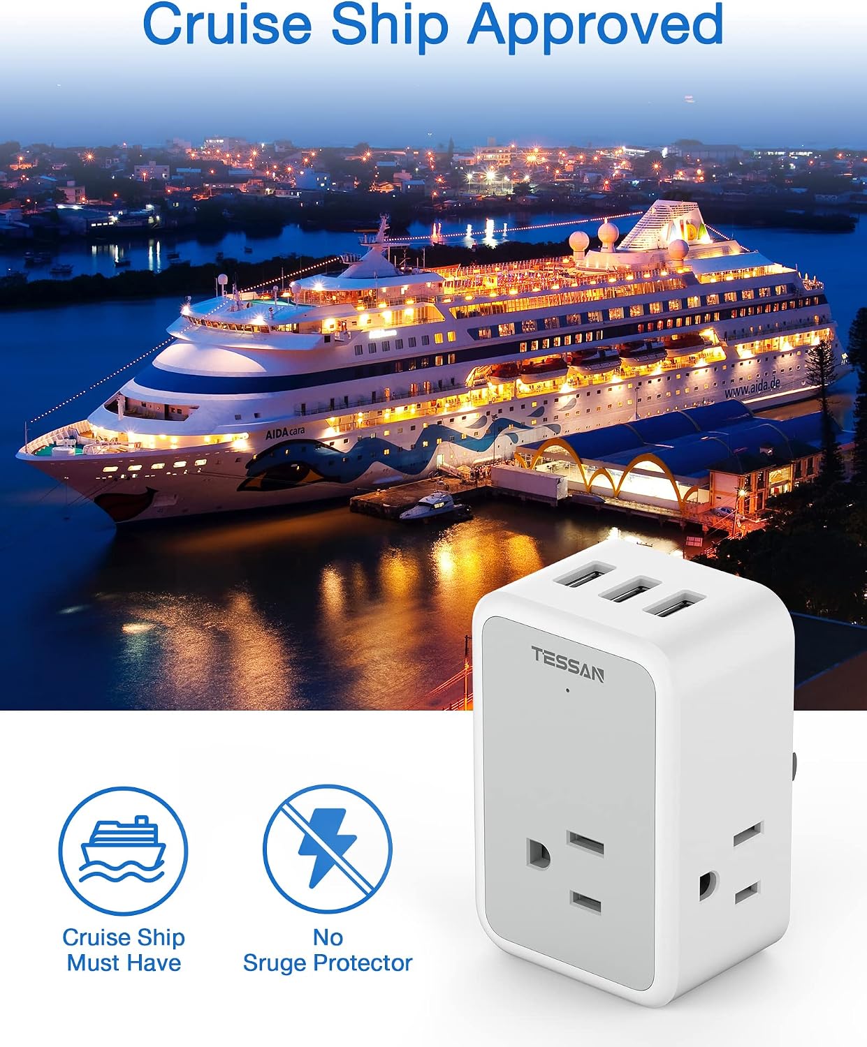 USB Plug Outlet Splitter, 1875W 15A, TESSAN Multi Plug Outlet Extender with 3 USB Ports, USB Hub Wall Charger Expander, Compact for Travel Cruise Accessories Must Haves
