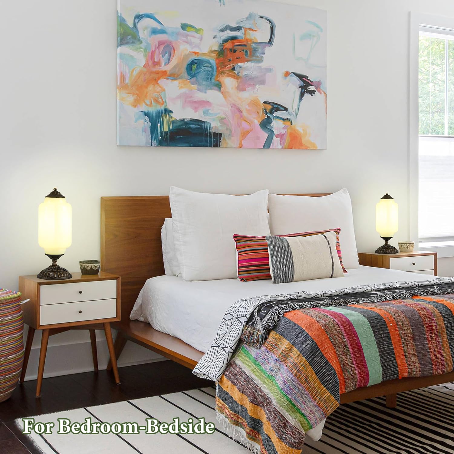 Vintage Milk Glass Table Lamp - 3 Way Dimmable Touch Control - Green Living room End Table Lamps with USB C+A Charging Ports - Single Mid Century Modern Bedside Lamp for Bedroom Nightstand (Bulbx1)