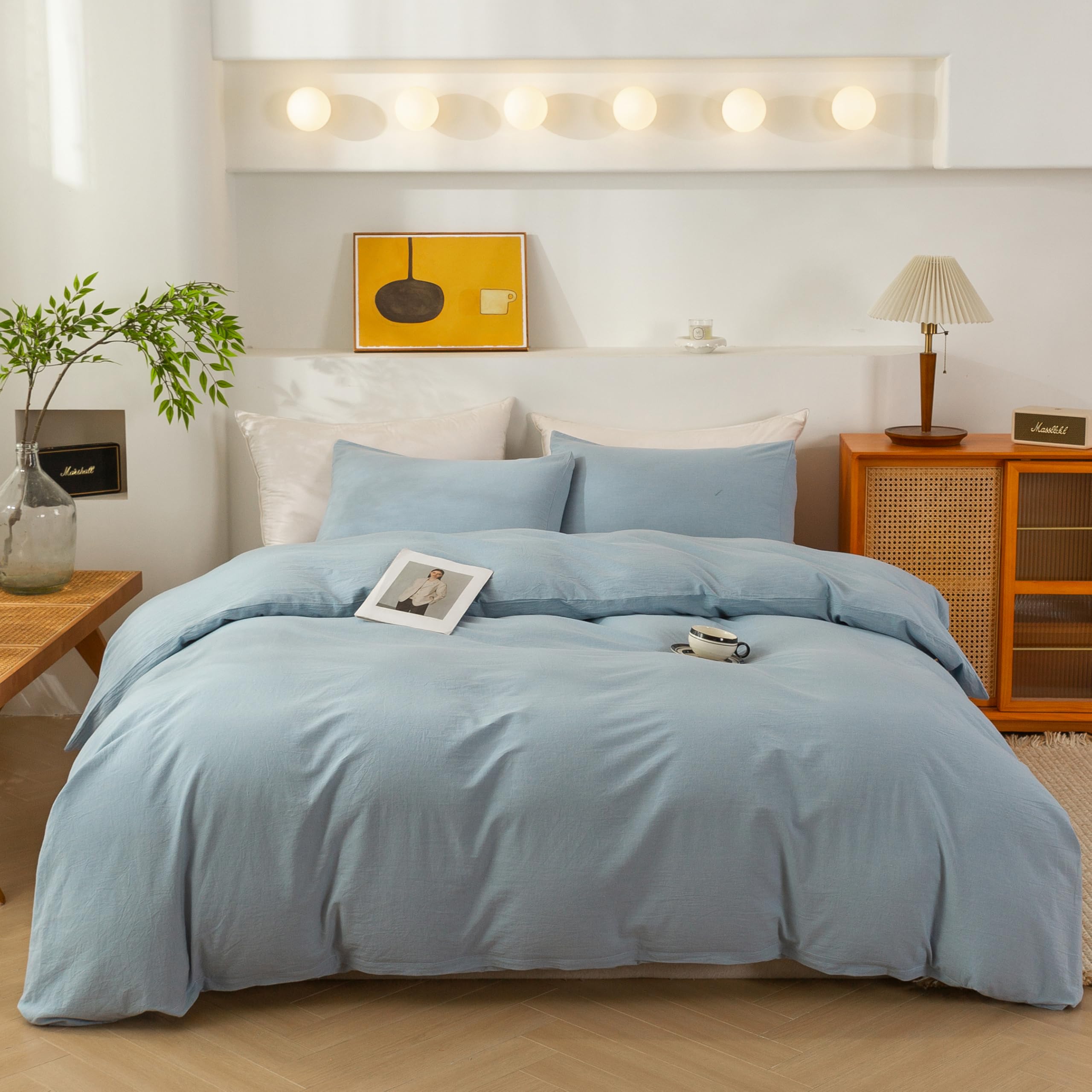 ECOCOTT 100% Washed Cotton Duvet Cover Twin Size – Soft &amp; Breathable Linen Feel Bedding Set, 3 Pieces Light Blue Comforter Cover with Zipper Closure for All Seasons