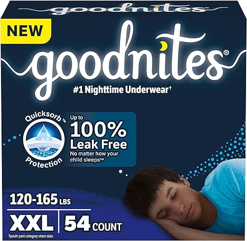 Goodnites Ropa interior nocturna para niños, talla XXL (120-165 libras), 54 unidades, el embalaje puede variar