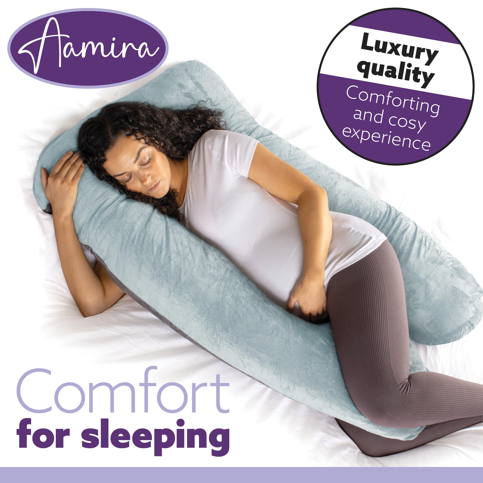 Almohada de maternidad en color gris oscuro, con un diseño de espuma viscoelástica triturada en forma de U, que ofrece apoyo completo para mujeres embarazadas, con una funda de terciopelo lavable a