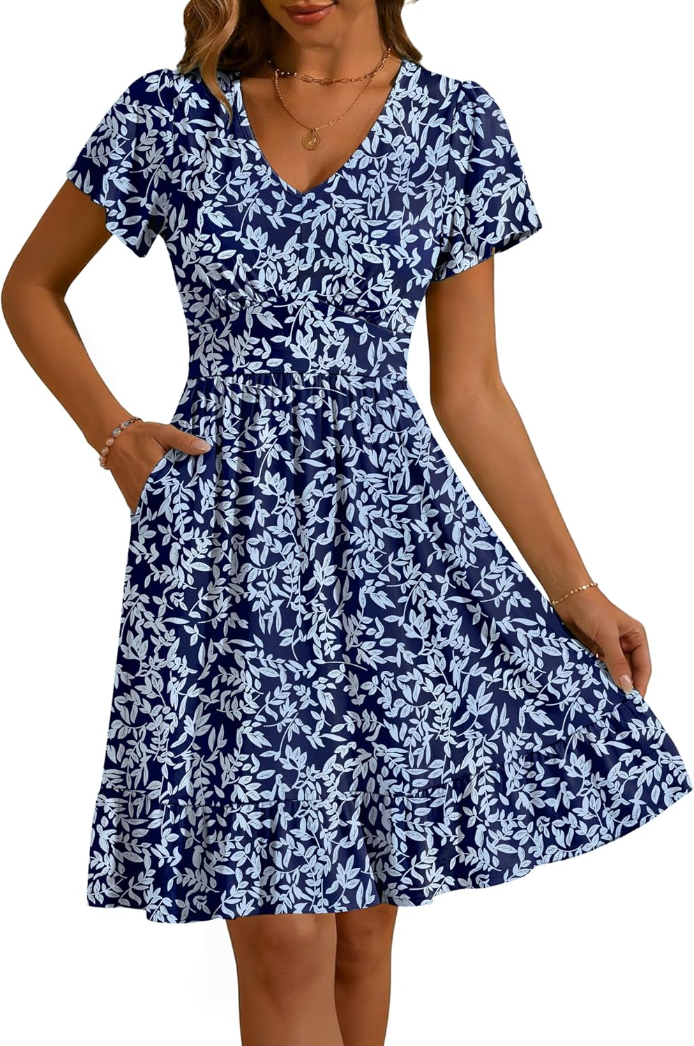 Kranda Women 2026 Summer V-Neck Casual Beach Sundress Empire Waist Short Flutter Sleeve Ruffle Floral Midi Dress with Pockets