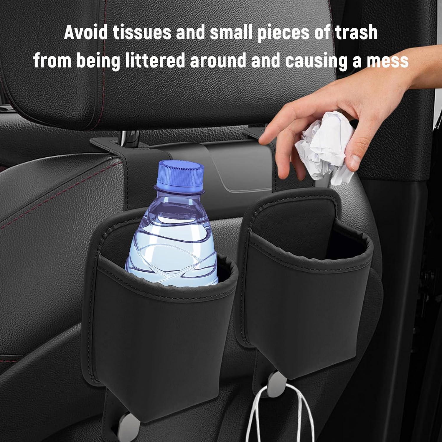 2 PCS Car Seat Back Cup Holder Organizer, Mini Leather Backseat Bottle Holder Cup Storage Bag with Hooks, Multi-Functional Headrest Water Bottle Pouch for Most Cars (Black)
