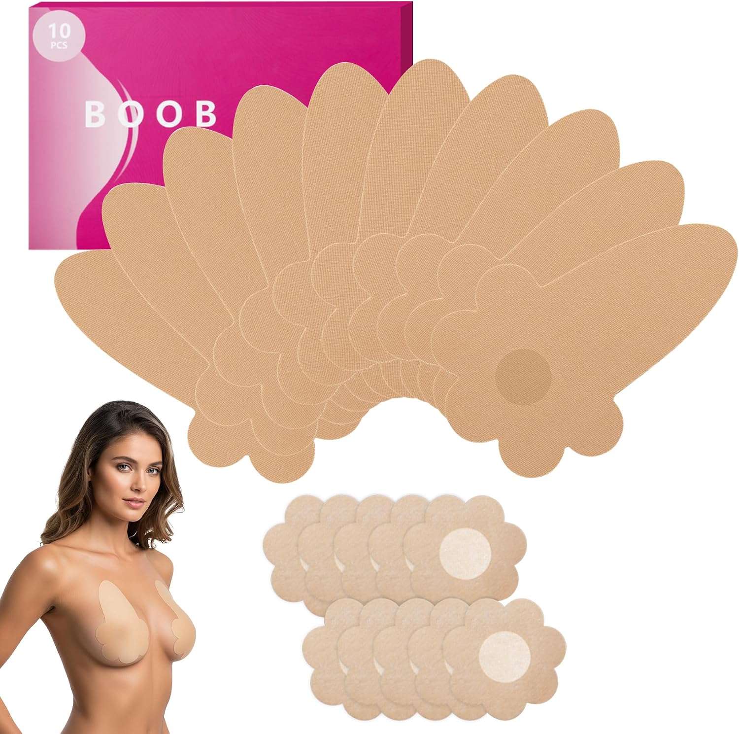 10 Pcs Boob Tape for Breast Lift - BoobTape with 10 Pcs Pastie,Body Tape for Women Invisible Breast Bra