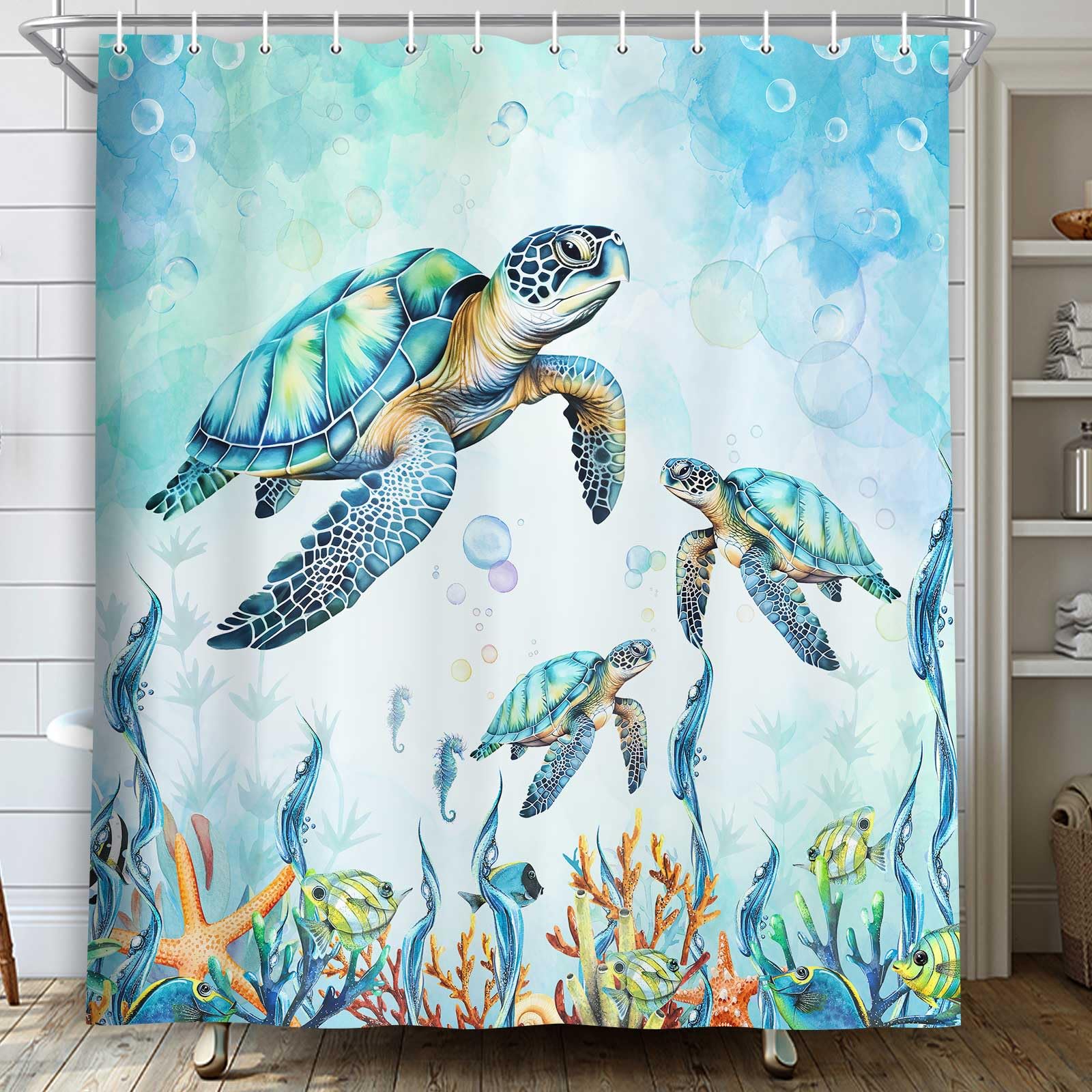 Lntyq Tenda Da Doccia Con Tartaruga Marina, Tenda Da Bagno Con Alghe Blu Oceano Tessuto In Poliestere Antimuffa Impermeabile Lavabile 180 X 180 Cm Con 12 Ganci Per Vasca Da Bagno 85355866