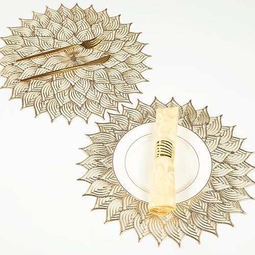 Miniatura 3 de Crisjanggo Juego de 6 manteles individuales para mesa redonda, con líneas doradas, de 15 pulgadas, antideslizantes, impermeables, huecos, para