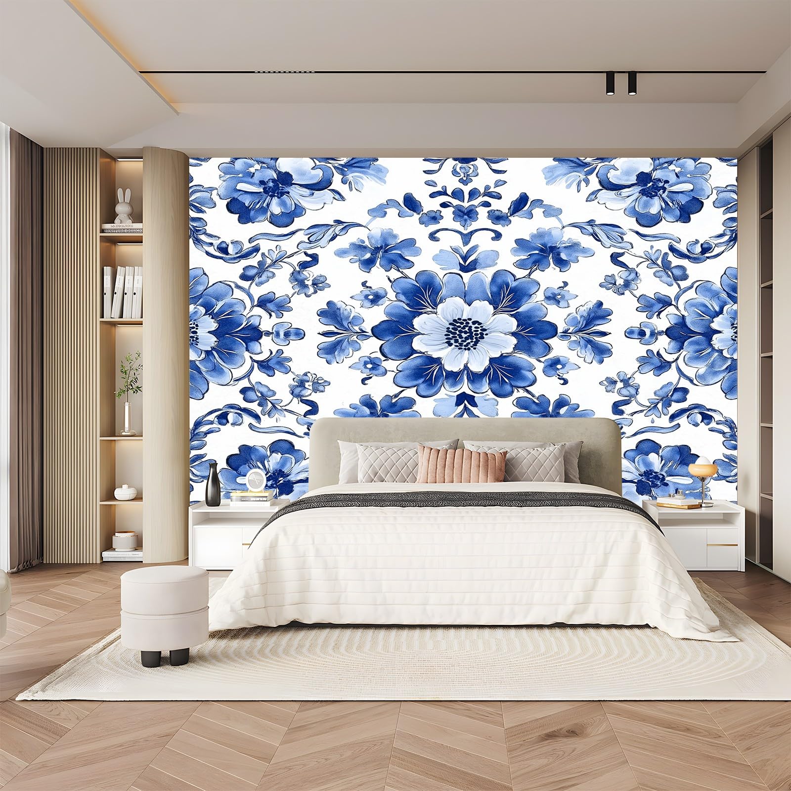 Tapety radition kwiaty orientalny styl niebieski biały 300 x 210 cm (szer. x wys.) , fototapety z włókniny nowoczesne tapety, plakat z efektem 3D wodoodporne malowidła ścienne do kuchni łazienki