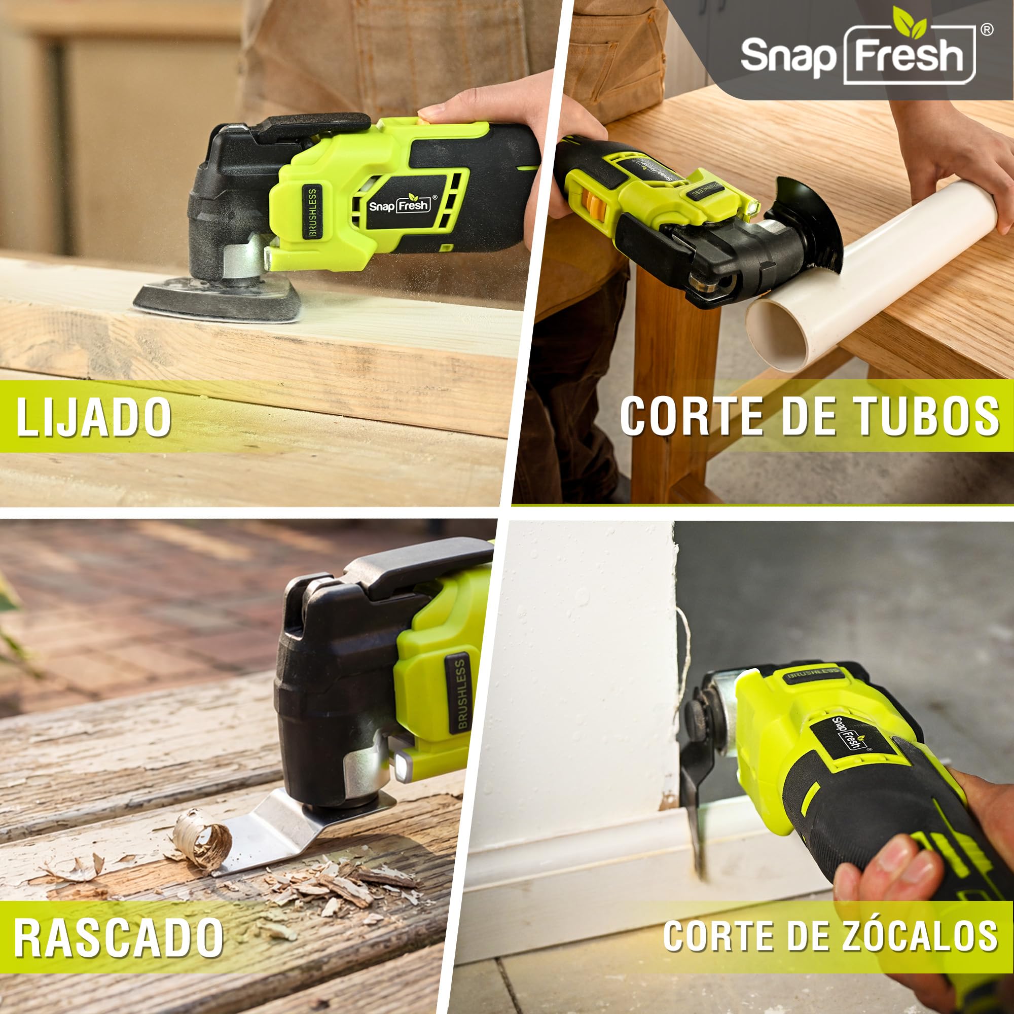 SnapFresh Herramienta Multifunción Oscilante 20V Sin Cable y Sin Escobillas, Tecnología Antivibración VibeNeutral, 6 Velocidades, Ángulo 4°, Batería 2,0 Ah, Cargador Rápido y Bolsa
