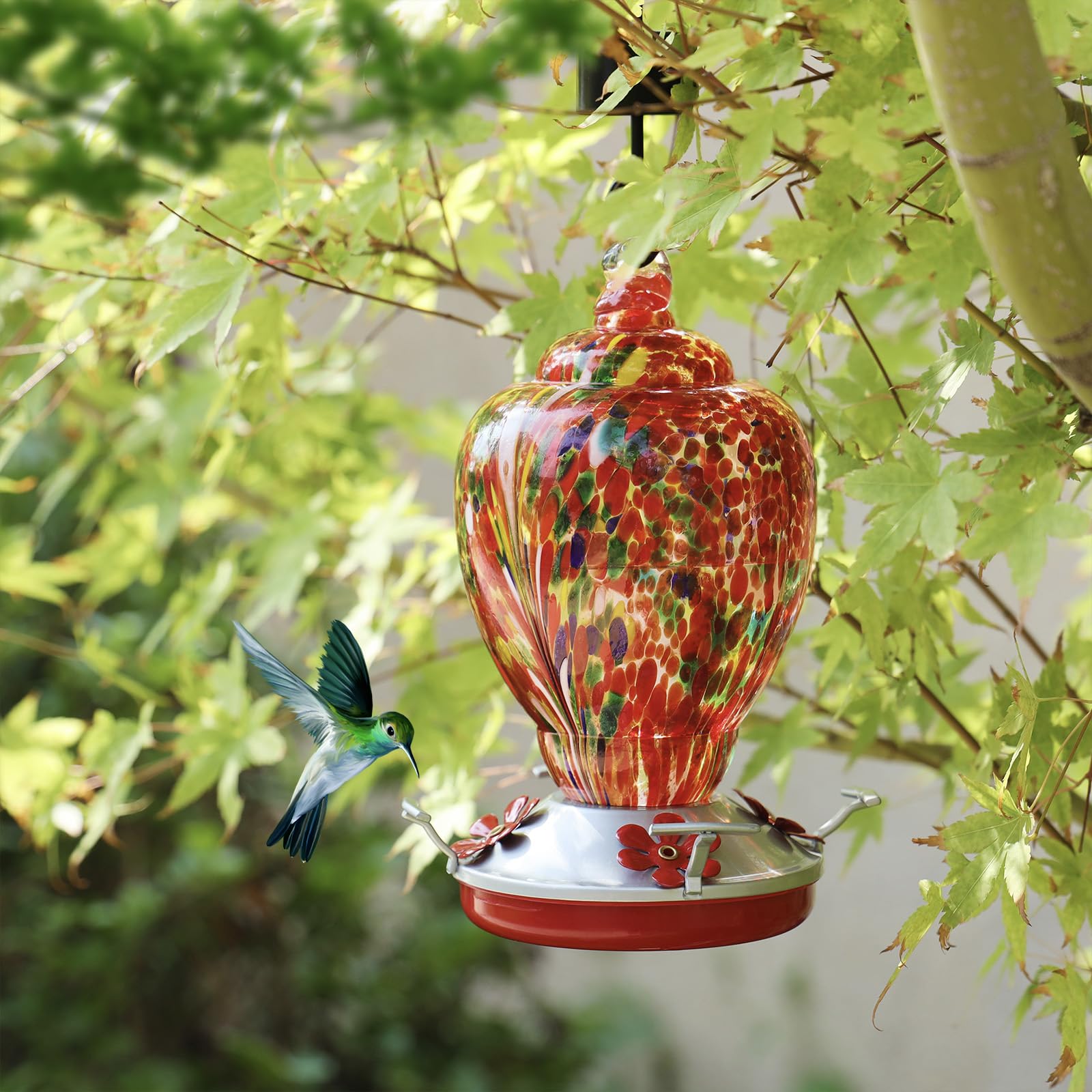 Solar Hummingbird Feeder With LED Lights - 6 Port Feeder & Outdoor Solar Light In One, Red