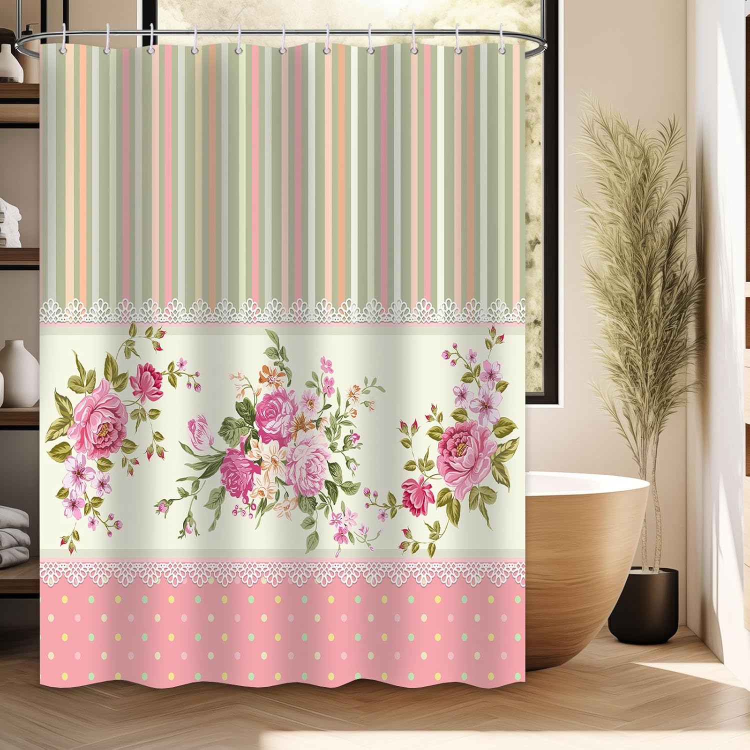 Rose Shower Curtain Spring Floral Pink Girl Bathroom Decor, Waterproof Cloth Fabric with Hooks, 70" W x 84" L