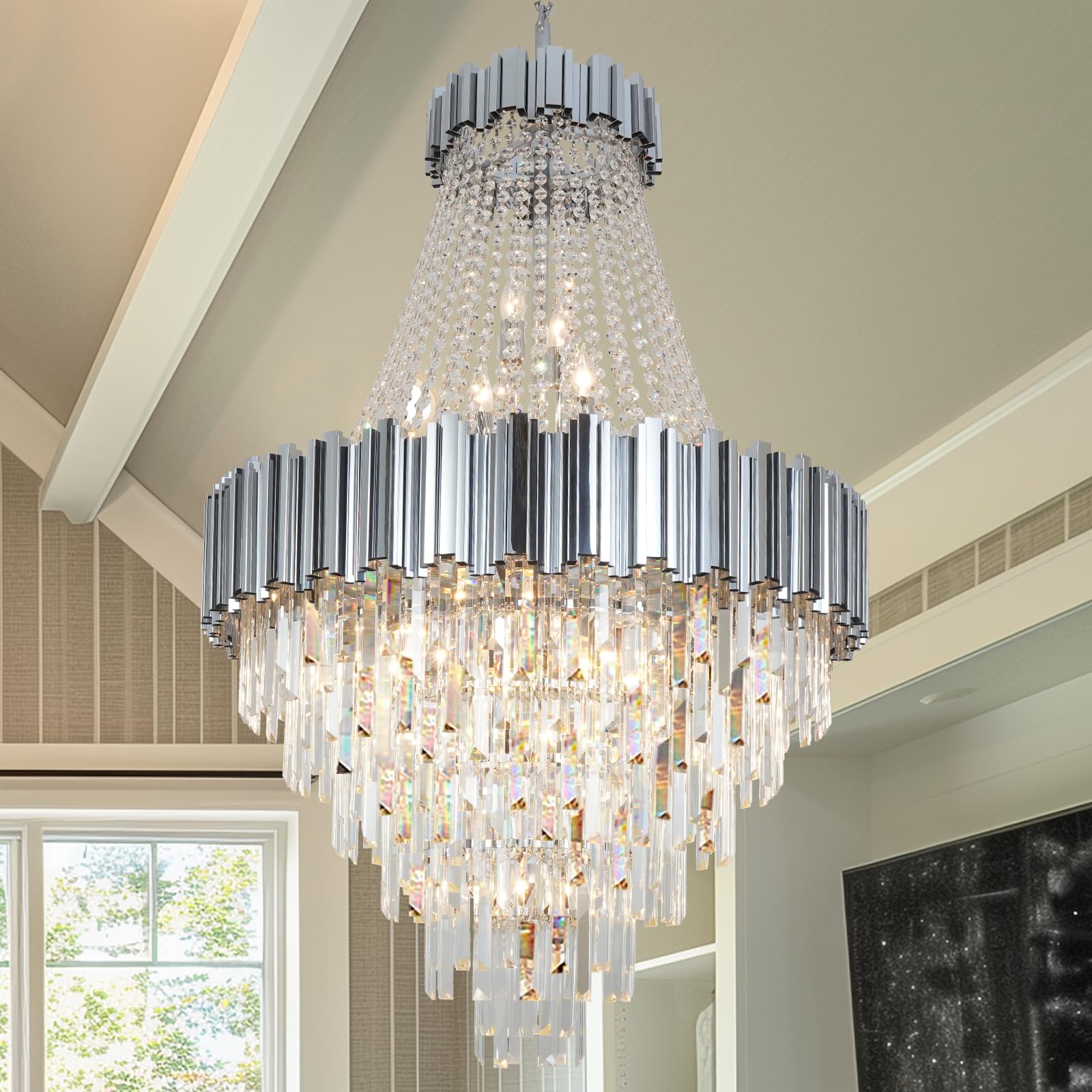 Crystal Chandelier Lighting Modern Pendant Ceiling Light Fixture 17 Lights Chrome Contemporary Foyer Entryway Chandeliers for Living Room Staircase Stairway