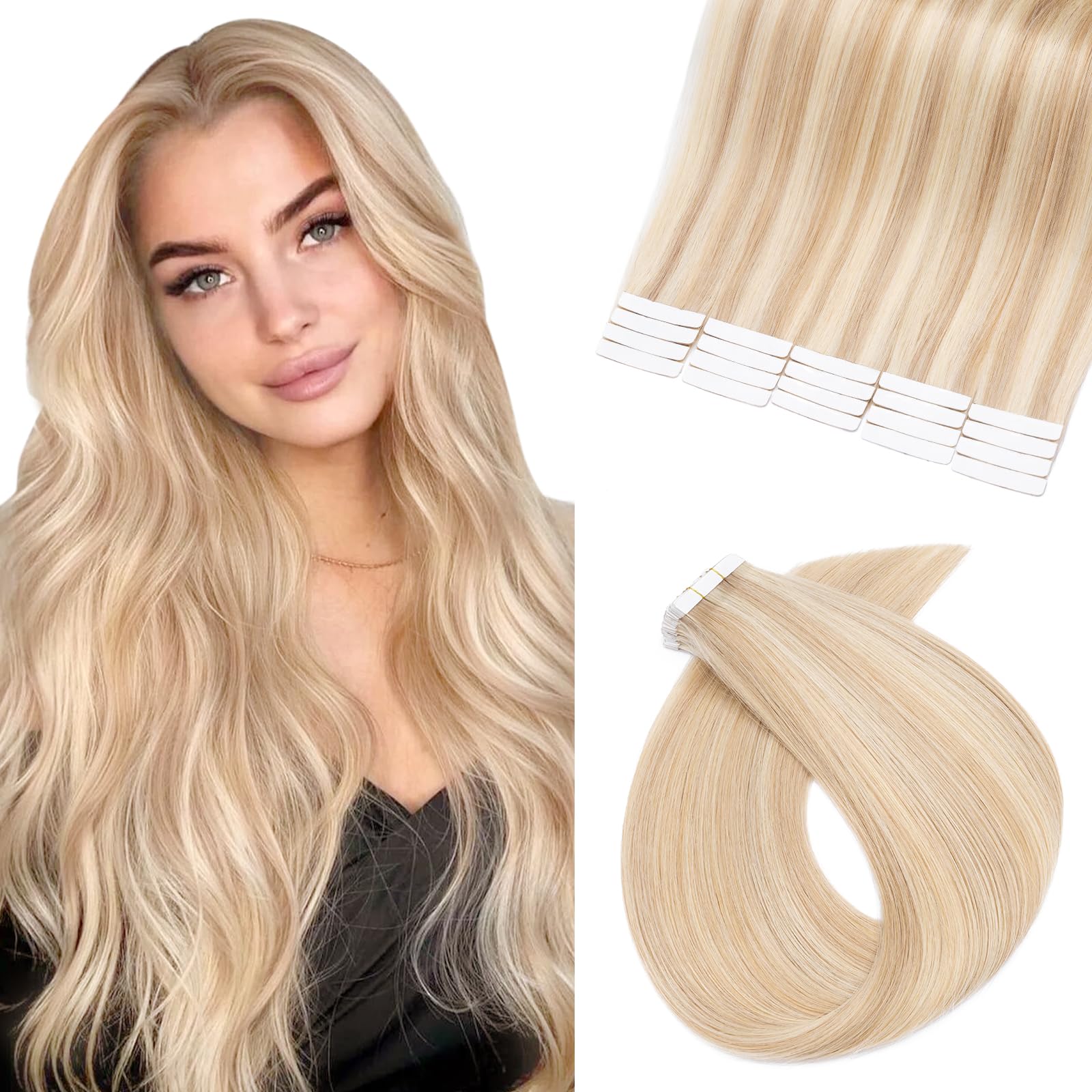 Benehair Remy Tape in Hair Extensions Human Hair Ash Blonde&Bleach Blonde Seamless Skin Weft Tape in Real Human Hair Extensions Straight Hair 20 Inch