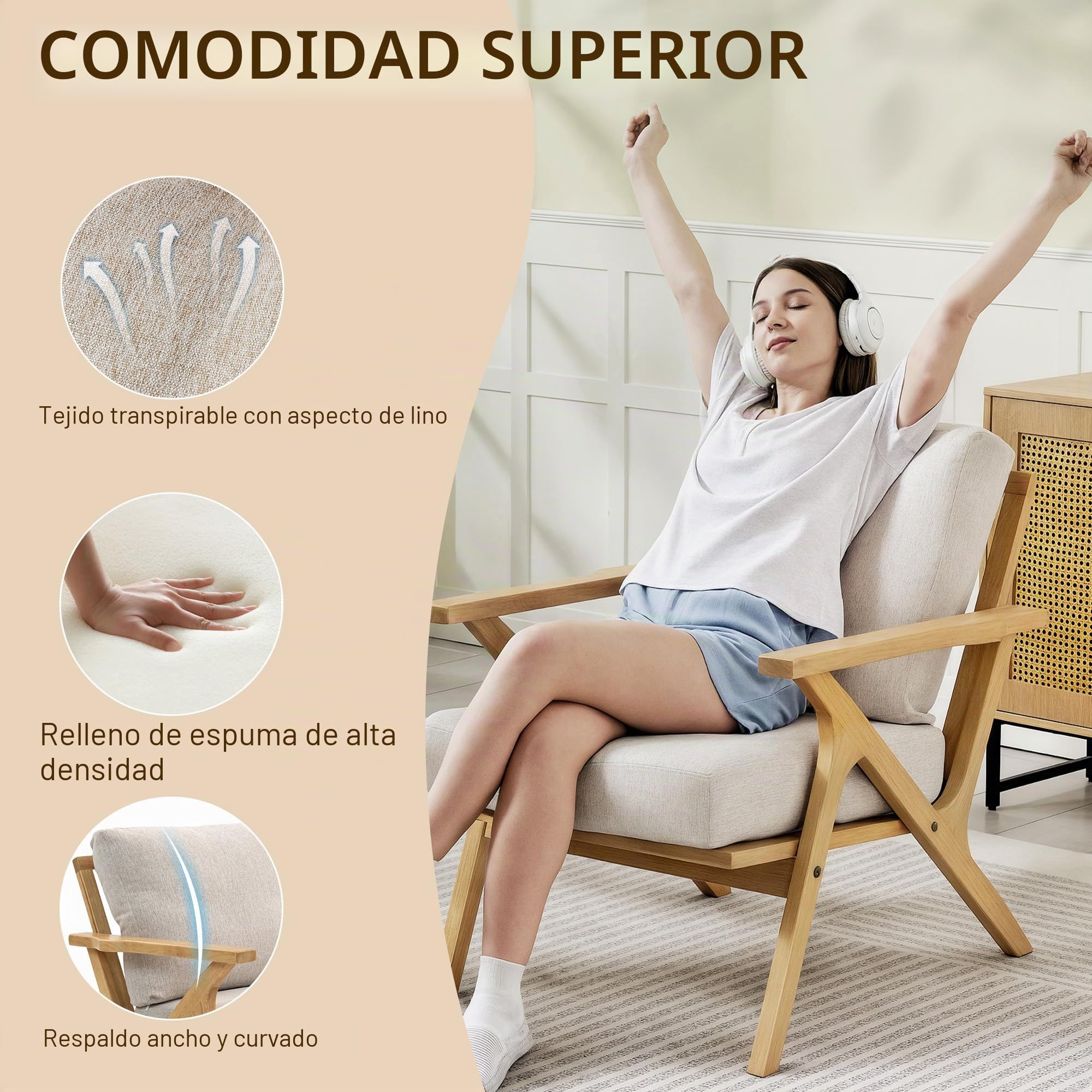 HOMCOM Sillón escandinavo Tela Efecto Lino Cojines Gruesos Beige | Asiento acolchado, patas de madera de caucho, silla de sala de estar, dormitorio, rincón de lectura