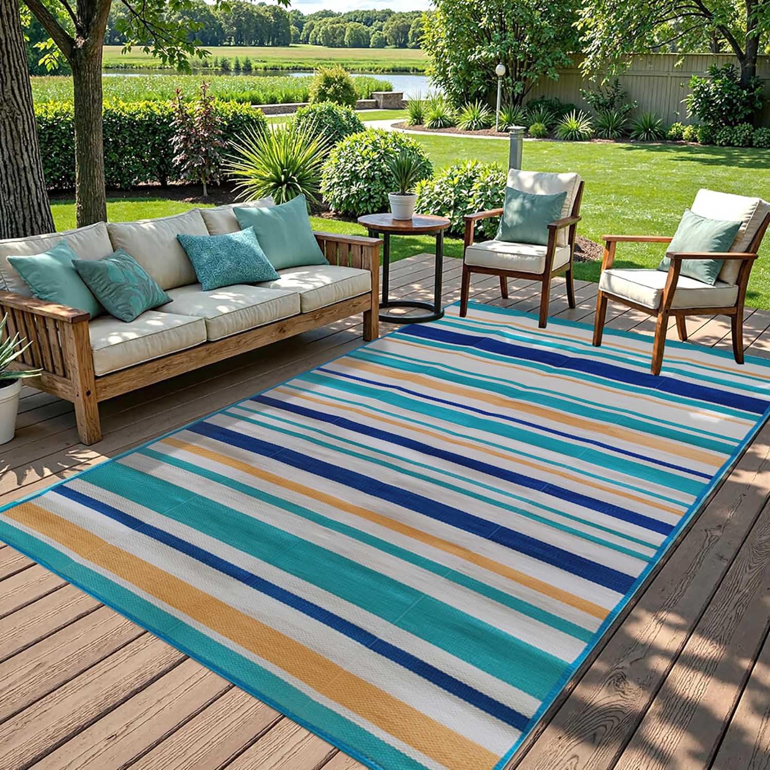 Tapis Extérieur Terrasse Rayés Moderne,120x180 Tapis de Sol Extérieur en Plastique Réversible,Tapis Extérieur Résistant à la Pluie Pliable pour Balcon Camping Pique-Nique (Bleu/Blanc/Orange)