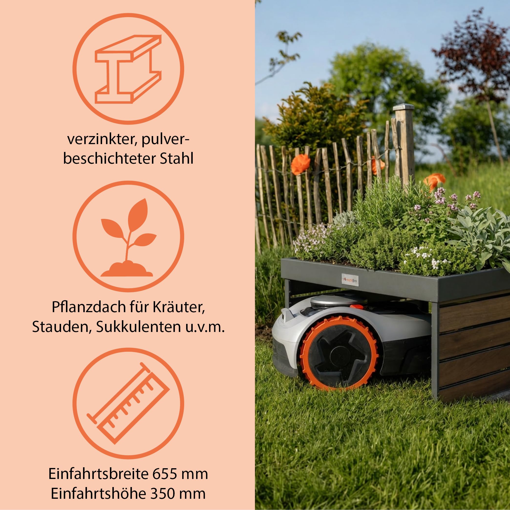 Stahlglut Rasenmährobotergarage Wetterabdeckung stahl Walnussoptik für viele Modelle auch für RTK Modelle (Bloom)