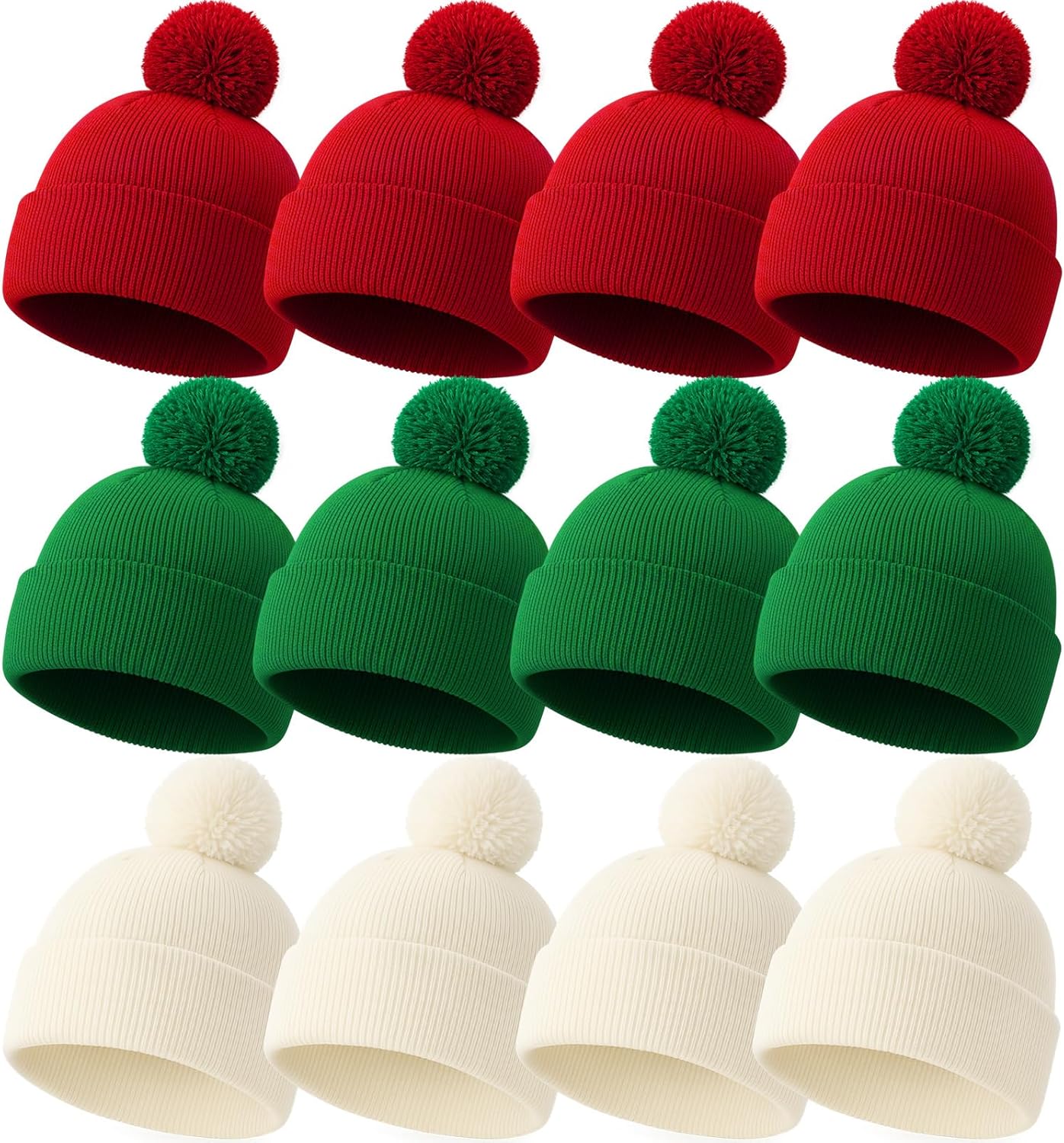 Chicingyou 12 Pieces Tricolor Warm Christmas Beanie Knitted Hats DIY Xmas Christmas Santa Hat with Pom Pom Soft Winter Hat Knit Cap for Adults