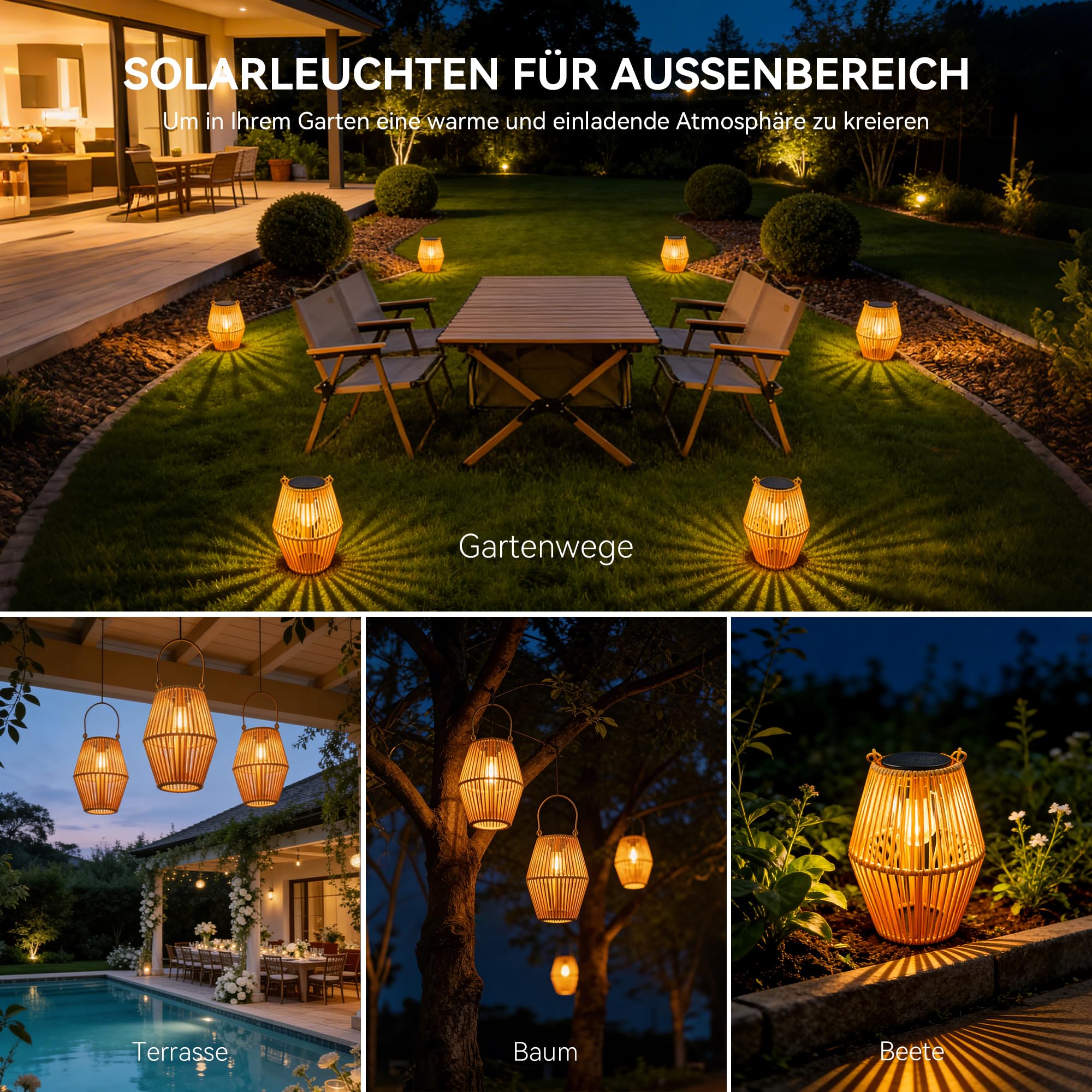 Ollny Solar Laternen für Außen 2 Stück Rattan Boho Hängend Stehend IP44 Wasserdicht Warmweiß