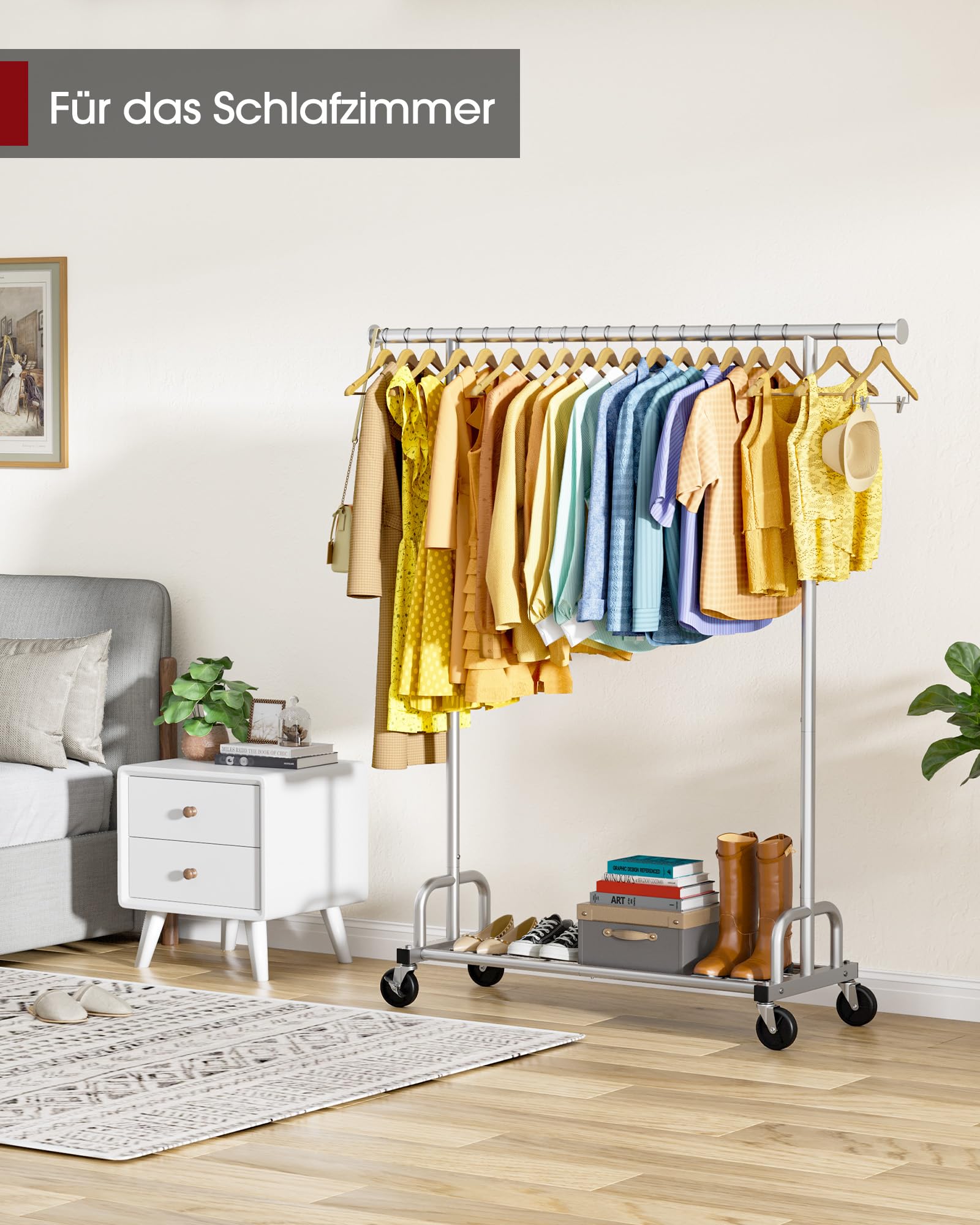 Sakugi Kleiderständer auf Rollen auf rädern – ein komponiertes Kleidungsstück mit Gitterablage & breiter Kleiderstange, ideal für Schlafzimmer, Wäscheraum, Eingangsbereich, 116 x 43 x 150 cm, Silber
