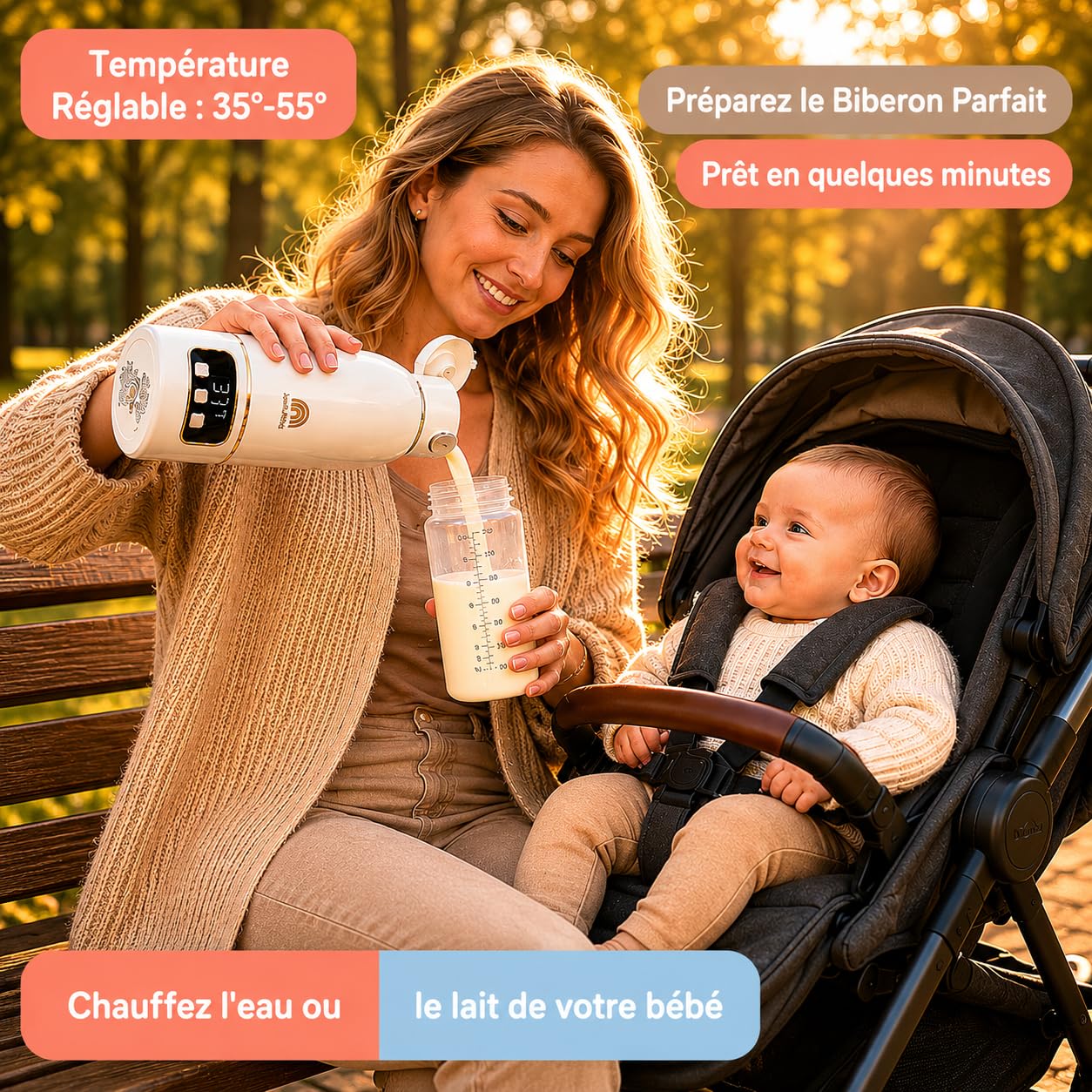 Chauffe biberon Nomade Portable Sans Fil 500 ml, Inox, Chauffe Lait Maternel & Eau, Auto-Pasteurisation, Voyage Voiture Nuit, Brosse Silicone Incluse