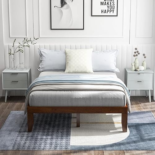 Miniatura 23 de Giantex Base de cama de plataforma de madera matrimonial de 14 pulgadas, base de colchón de estilo minimalista con madera de goma maciza, soporte de