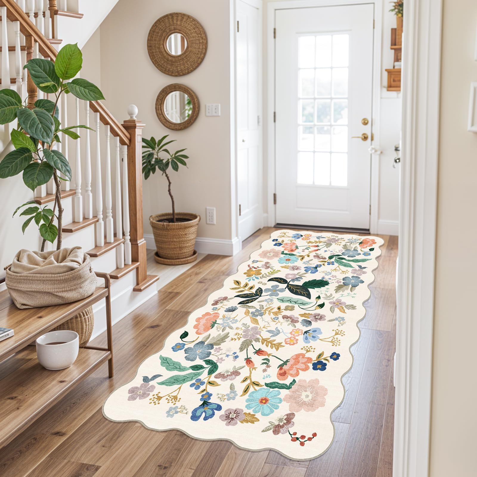Washable 3x6 Hallway Runner Rug: Floral Scalloped Soft Runners for Entryway Kitchen Nursery Non Slip Bathroom Laundry Floor Mat Water Resistant Light Weight Carpet for Living Room Bedroom (3x6,Cream)