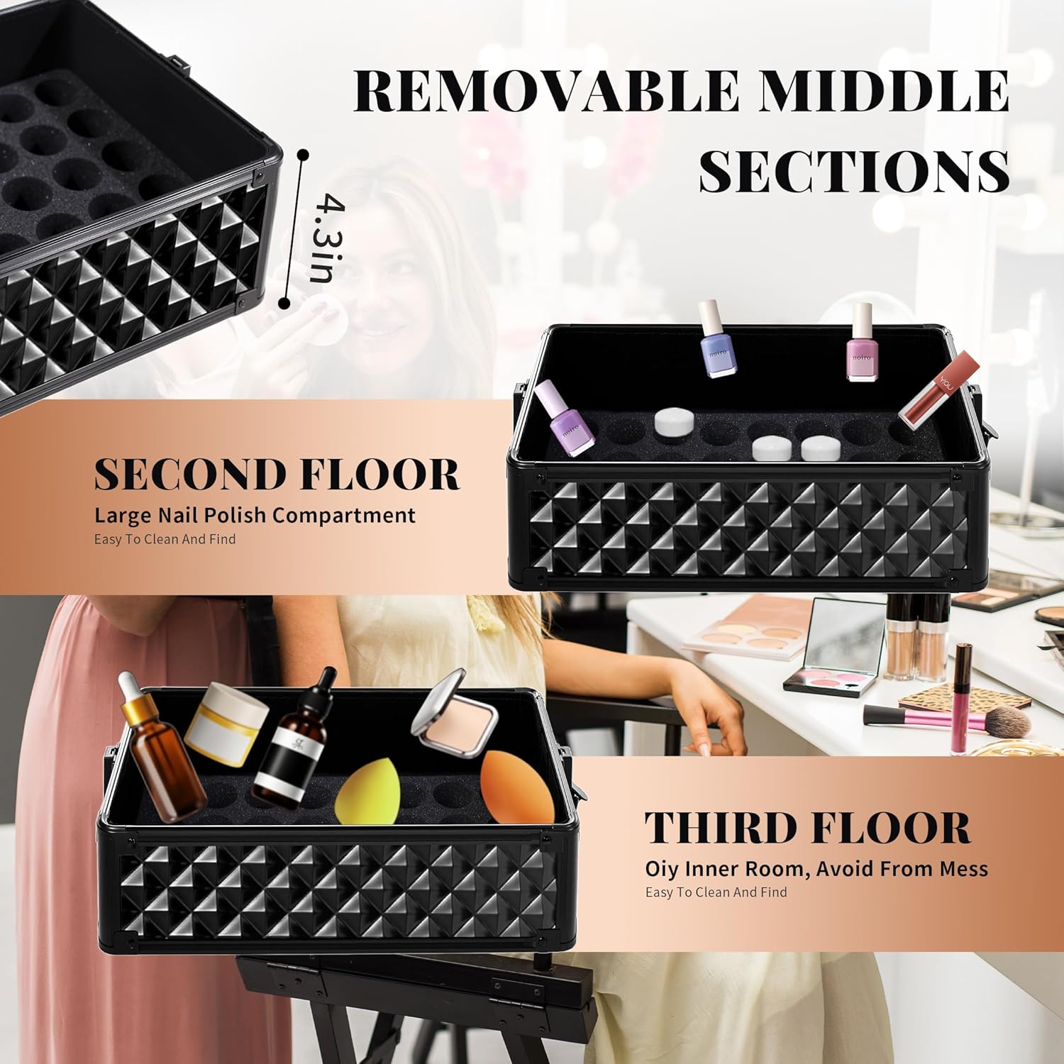 AROUS Rolling Makeup Train Case 4 in 1 Cosmetology Case on Wheels Large Storage Cosmetic Trolley with Key Salon Barber Case Traveling Cart Trunk, Black - Image 5