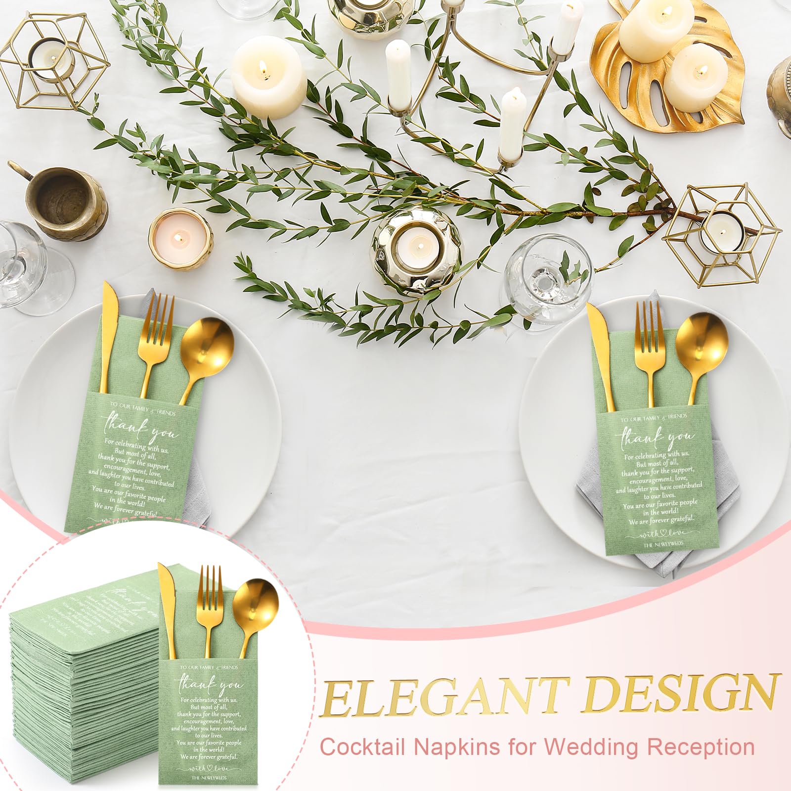 Qilery Lot de 100 serviettes de table unies avec poche intégrée pour fête prénuptiale, répétition, dîner (vert sauge)