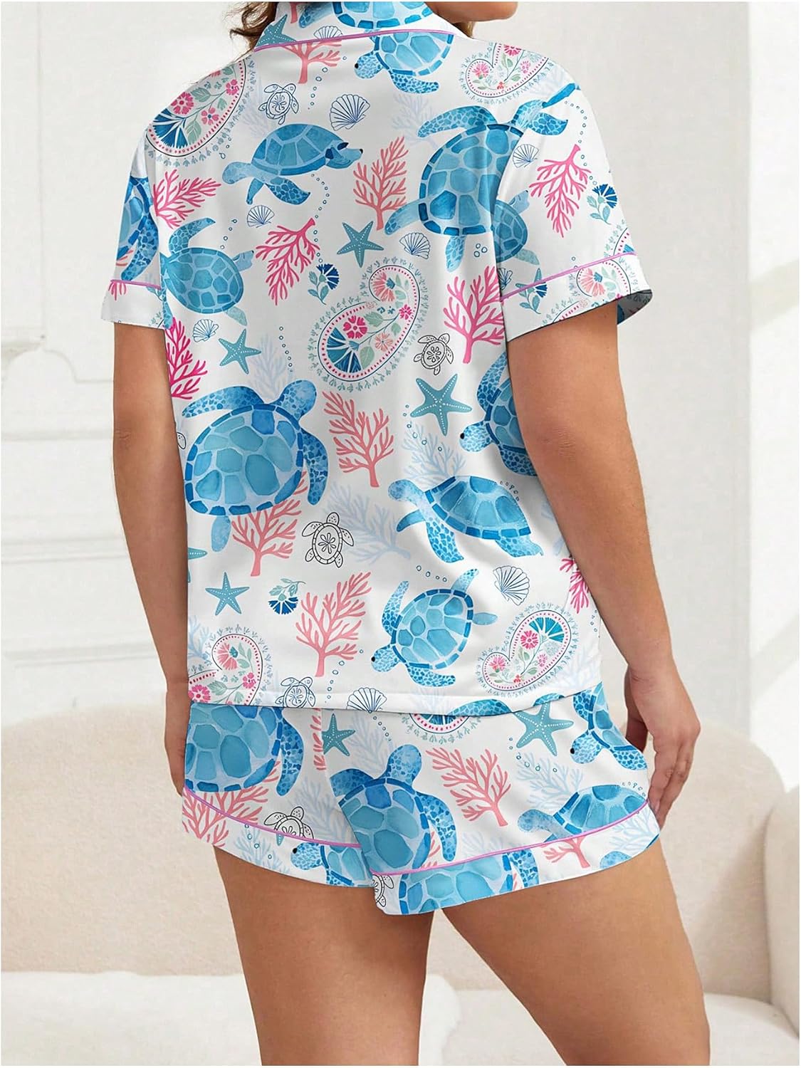 WDIRARA Women's Plus Size Sea Turtle 2 Piece Pajama Set Cute Short Sleeve Button Down Shorts Pjs Sleepwear - Image 2