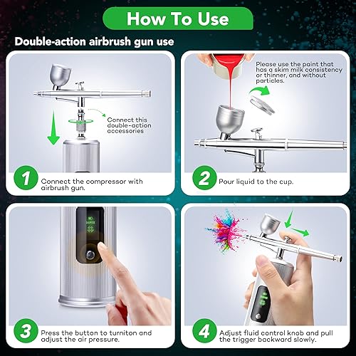 Miniatura 5 de ANUINIT Kit de aerógrafo de 36 PSI con compresor, modo de doble acción, pantalla LCD, aerógrafo de mano inalámbrico para uñas, pasteles, maquillaje,
