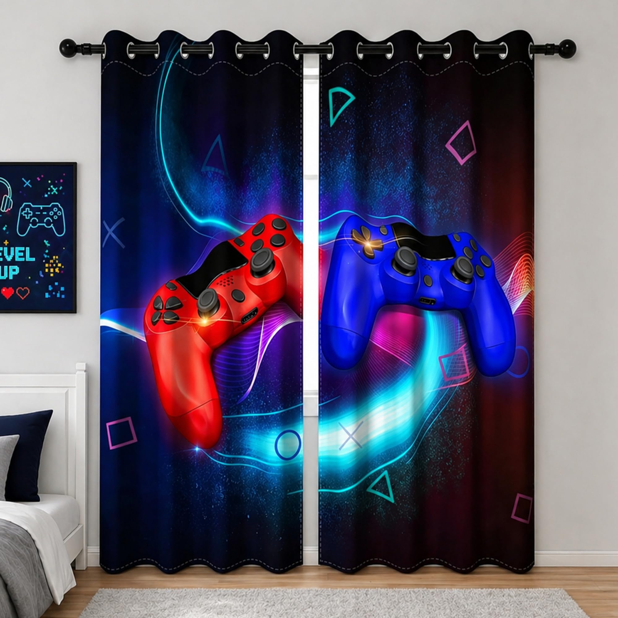 YONGFOTO Rideaux Occultants Gamer pour Chambre d'enfant Garçon Manette | Rouge Néon Bleu Jeu Vidéo Gaming Esports Rideaux Thermiques pour Chambre d'Adolescent avec Œillets 2 Panneaux 117 x 138 cm