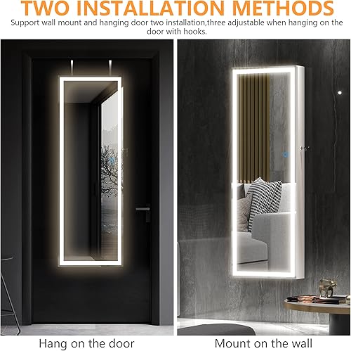 Miniatura 4 de LVSOMT Armario de joyería con espejo LED armario organizador de joyas montado en la paredpuerta espejo iluminado de longitud completa con