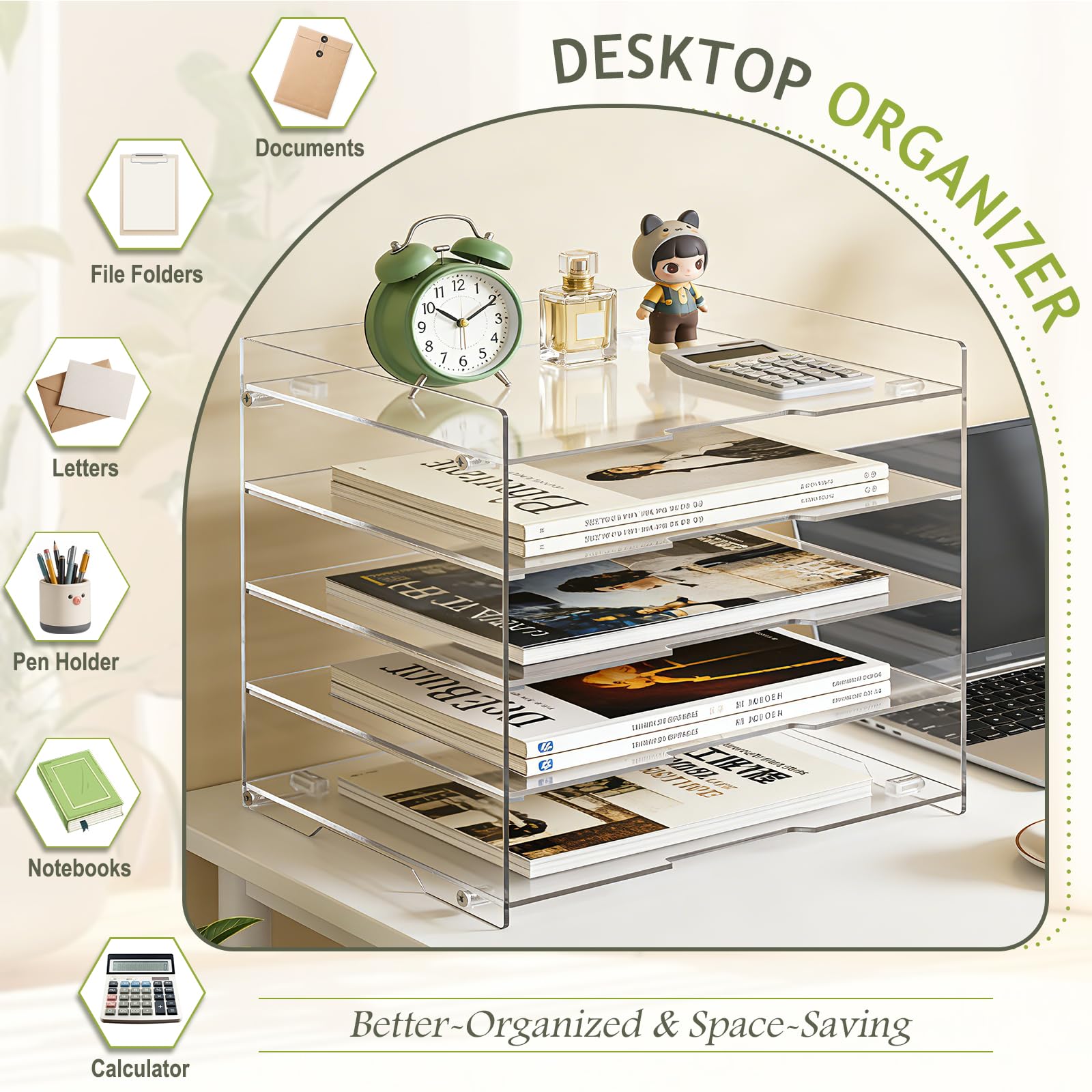 KKU Organizador de escritorio de acrílico transparente de 5 niveles, bandeja de cartas, organizador de escritorio y accesorios para suministros de oficina