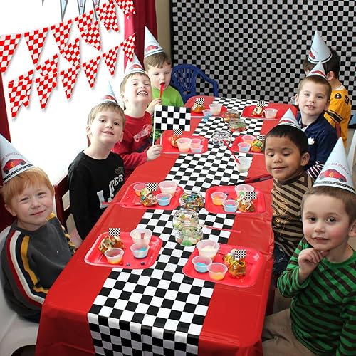 Miniatura 7 de Suministros para fiestas de autos de carreras, 12 conos de tráfico con agujeros en la parte superior, 24 banderas a cuadros, mantel de fiesta de