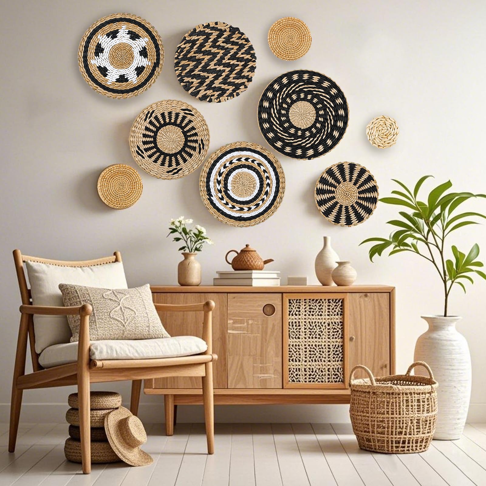 DETENE 9 Stück Gewebtes Wandkorb-Set Boho Wandkorb Dekor | Flache Gewebte Korb Wand Hängende Dekoration Gewebte Wandkorbdekoration für Kunst Wohnzimmer Bauernhaus Kindergarten(Schwarz)