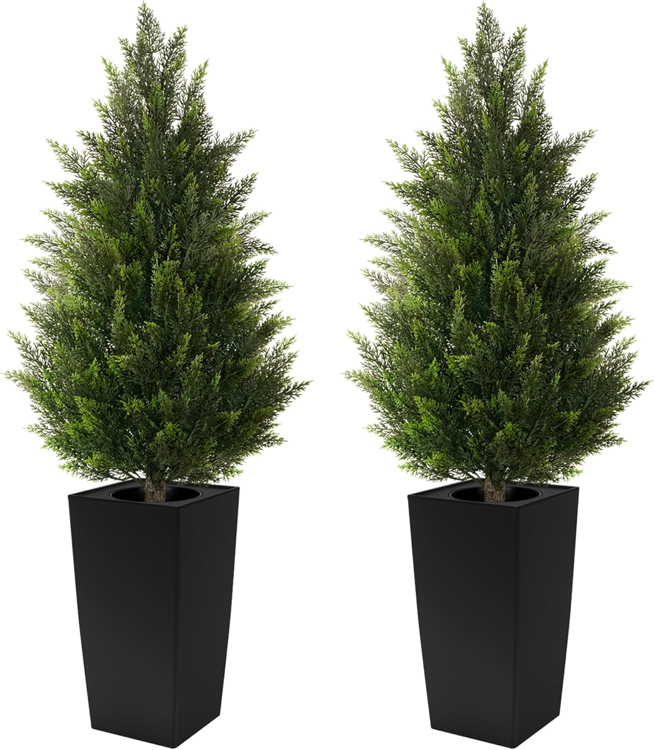 4FT Tall 2 Set Artificial Topiary Cedar Tree, Indoor Realistic Faux Cypress Plants with Square Flowerpot, Outdoor Evergreen Fake Shrubs for Home Living Room Front Porch Decor